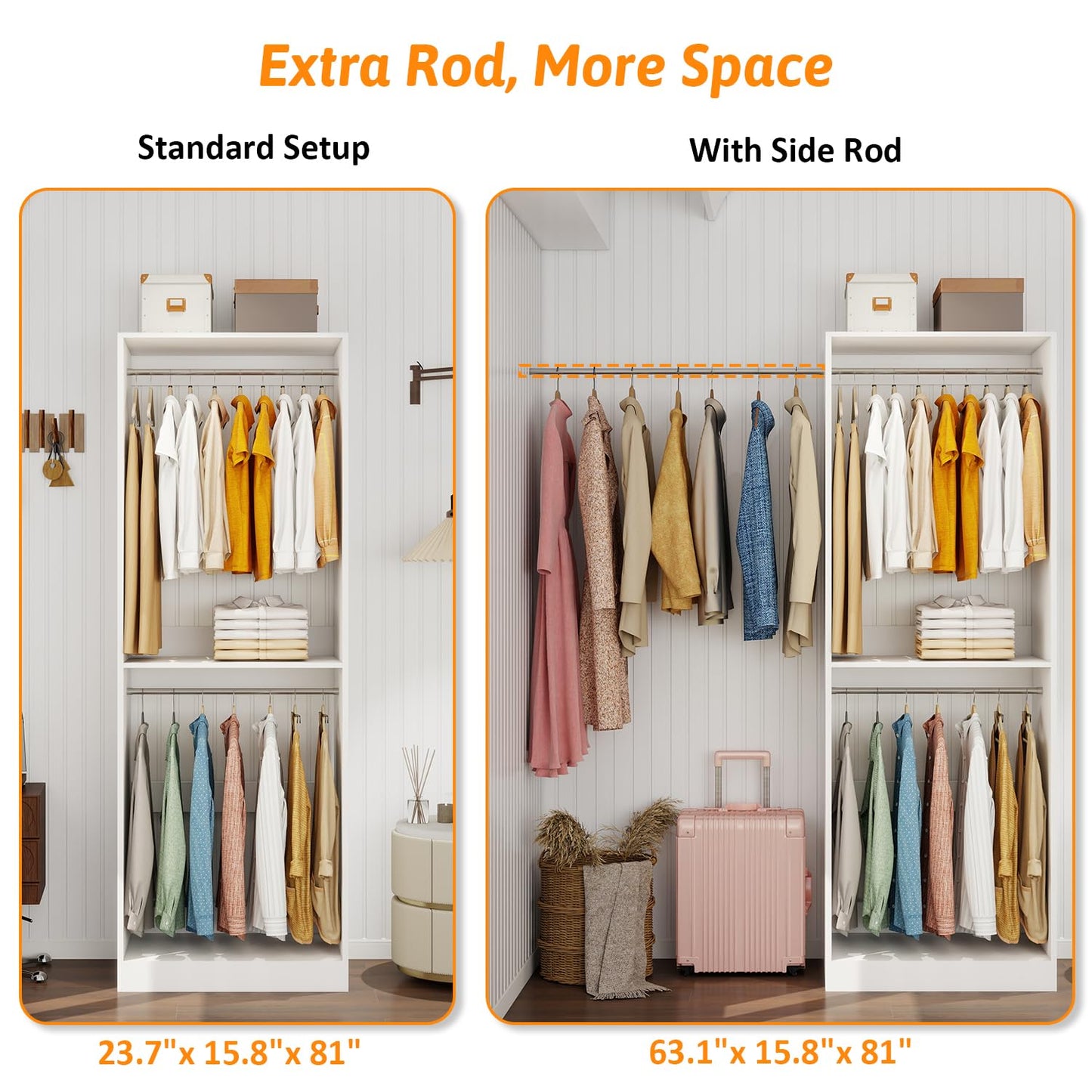 Closet System with 12 Hanging Rods& Shelves , 8FT Small Closet Organizer System Storage Wood with Extra Side Hanging Rod for Walk in Closet, Adjustable Modular Closet Systems Customize, White(8FT)