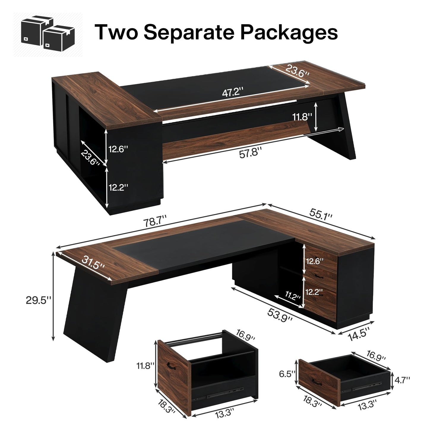 Tribesigns 78" L-Shaped Executive Desk, Large Office Desk with Drawers and File Cabinet, Modern Business Furniture for Home Office (Walnut & Black)