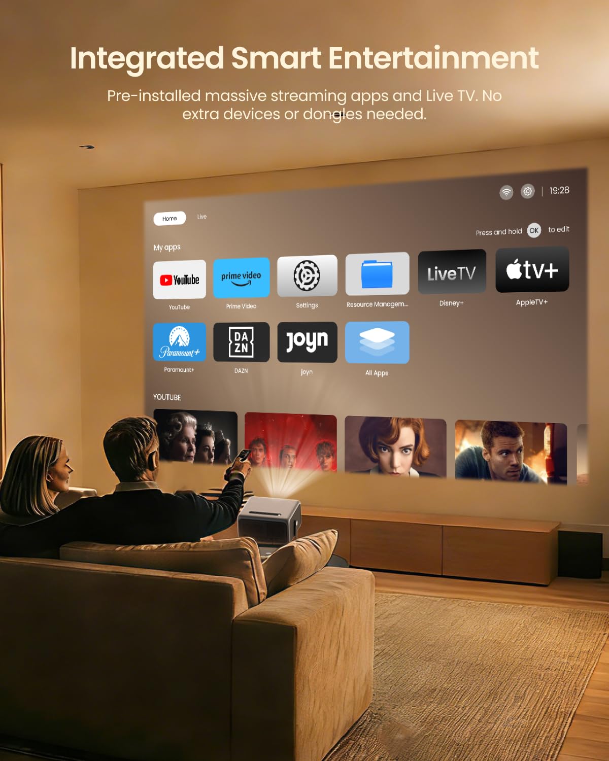 4K Smart Projector with Wifi and Bluetooth, 1500 ANSI Lumen 30W Dolby Audio Home Theater with Netflix Ready/Live TV, 2GB+32GB Memory & MEMC, 360° Adjustable Stand, AI Auto Focus/Keystone