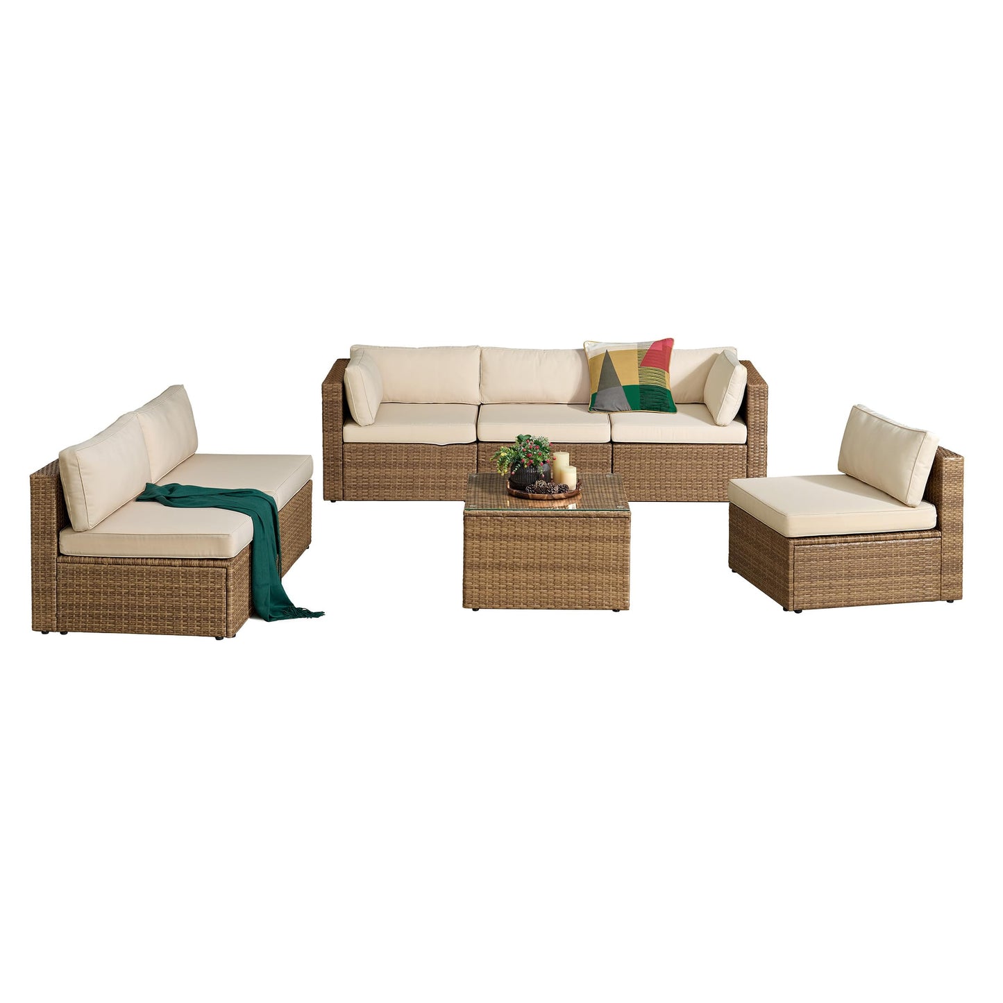 Alaterre Furniture Montara 7 Piece Modular Outdoor Patio Furniture Set - Weather-Resistant Wicker Rattan Patio Table and Chairs Set - Outdoor Couch Set for Backyard, Porch, or Deck (Tan/Cream)