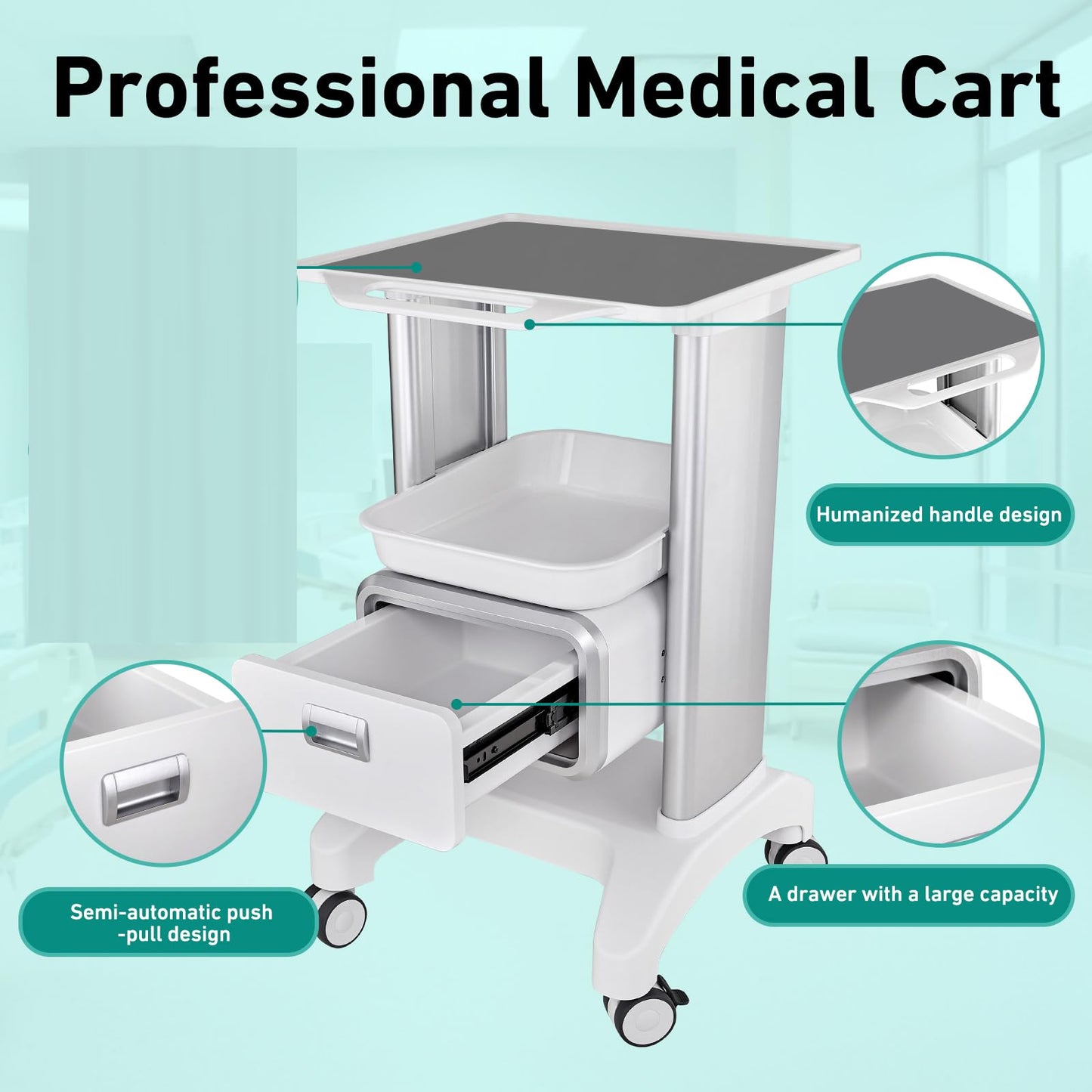 Professional Mobile Medical Trolley with Wheels and Drawers for Home Bedroom Salon Lab Hospital Dental Office Clinic