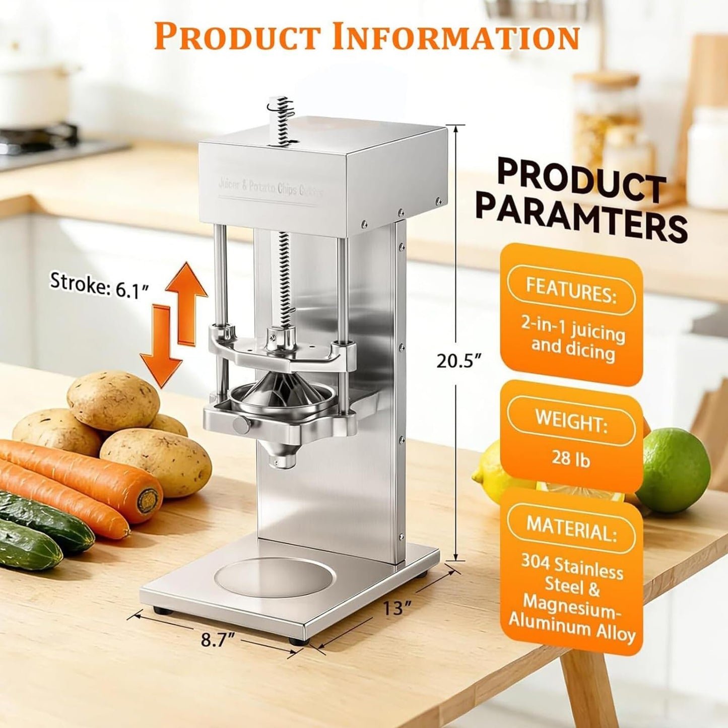 Juicer & Potato Chips Cutter, Electric Fry Cutter and Juice Extractor Machine, 7/9/13mm Blades, 304 Stainless Steel, Dual Power Supply Mode, for Potato, Carrot Strips, Orange Lemon