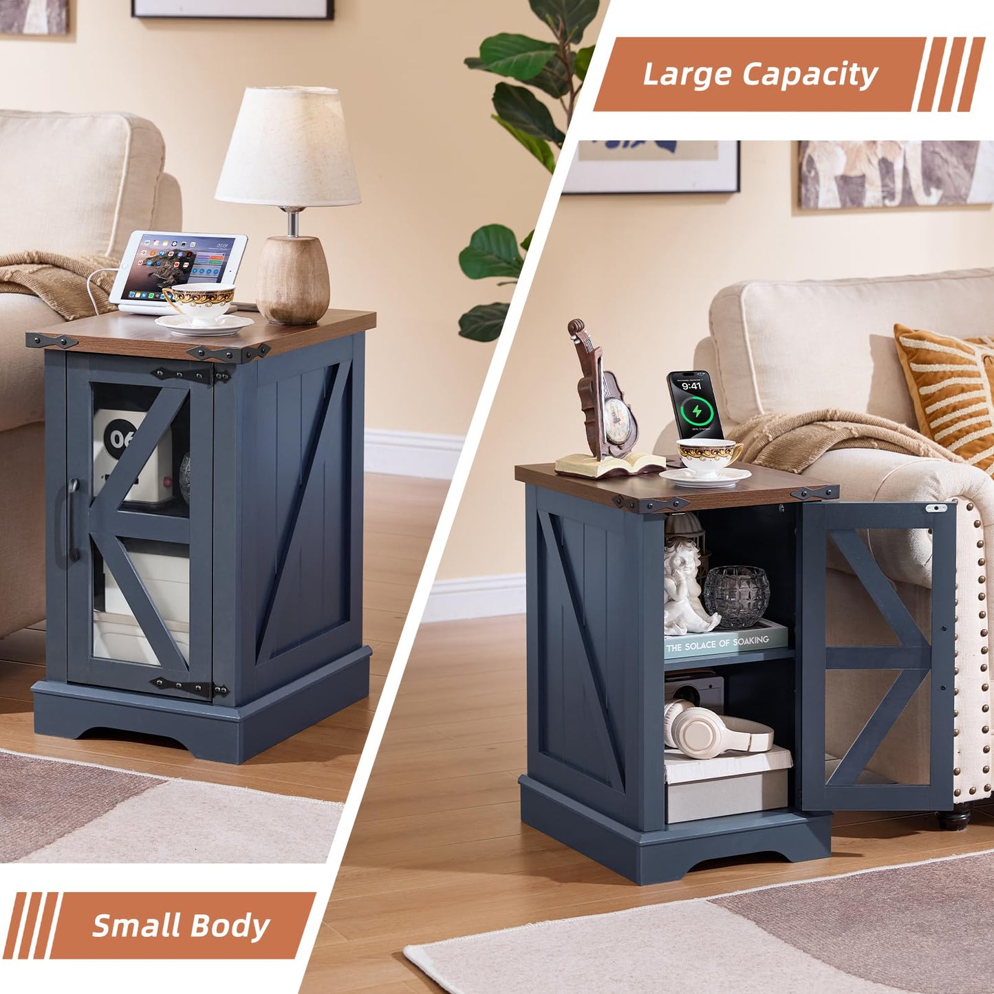 Joaxswe End Table Set 2 with Charger Station, Farmhouse 18'' Narrow Night Stand and 24" Square Side Table with Glass Barn Door Storage, Wood Nightstand Bedside Tables for Living Room Bedroom