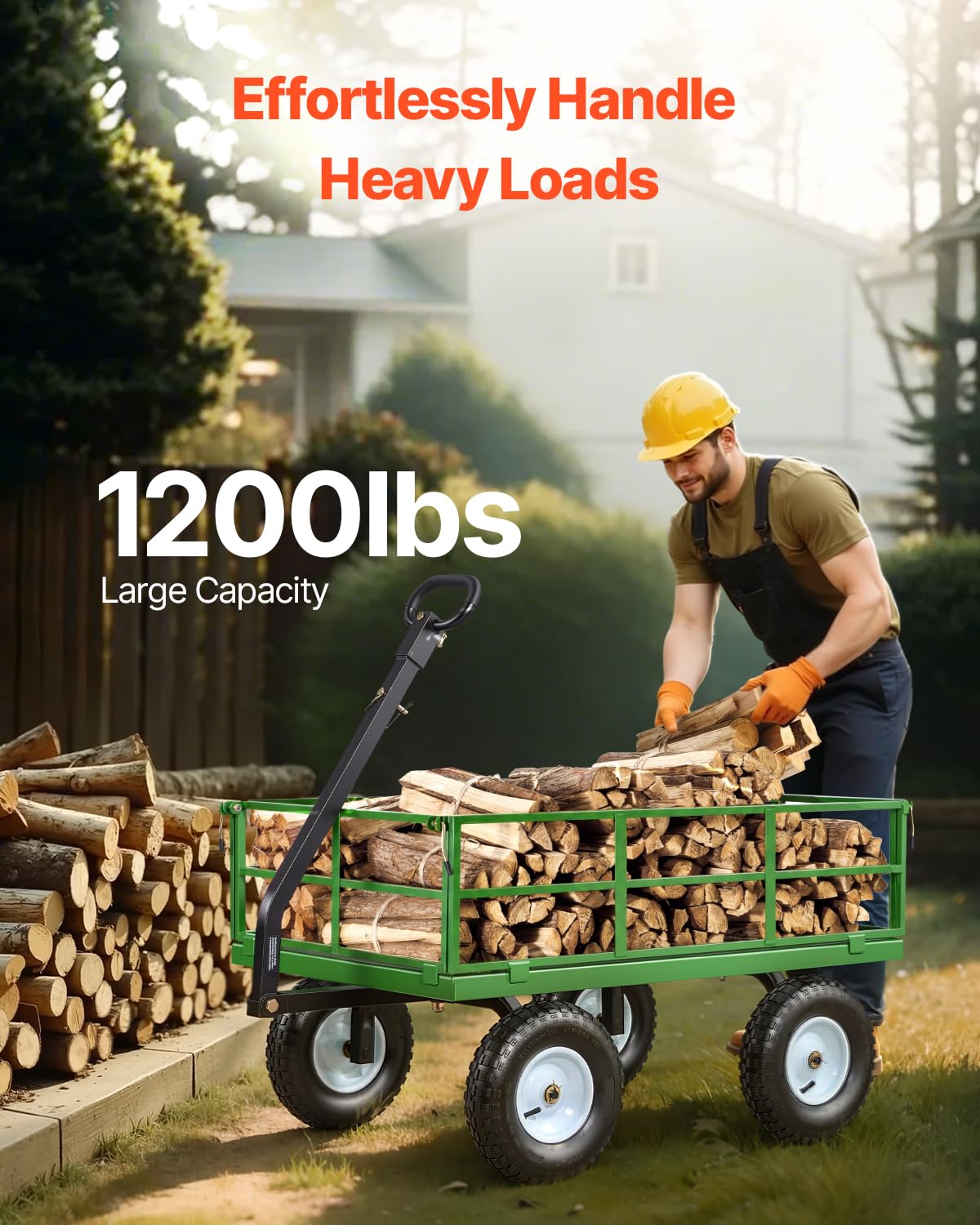 VEVOR Steel Garden Cart, 1200 lbs Heavy Duty Pullable Garden Wagon Yard Cart, 2 in 1 Outdoor Metal Utility Wagon Yard Trailer with 13" All Terrain Tires, Mesh Detachable Sides and 180° Rotating Handle