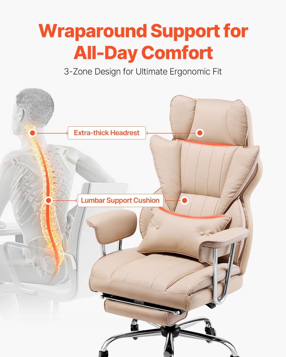 VEVOR Executive Office Chair with Footrest, 400lb Capacity Oversize Office Chair with Lumbar Pillow & Removable Armrests, Heavy Duty Ergonomic Chair, PU Leather Reclining Home Office Desk Chair, Brown