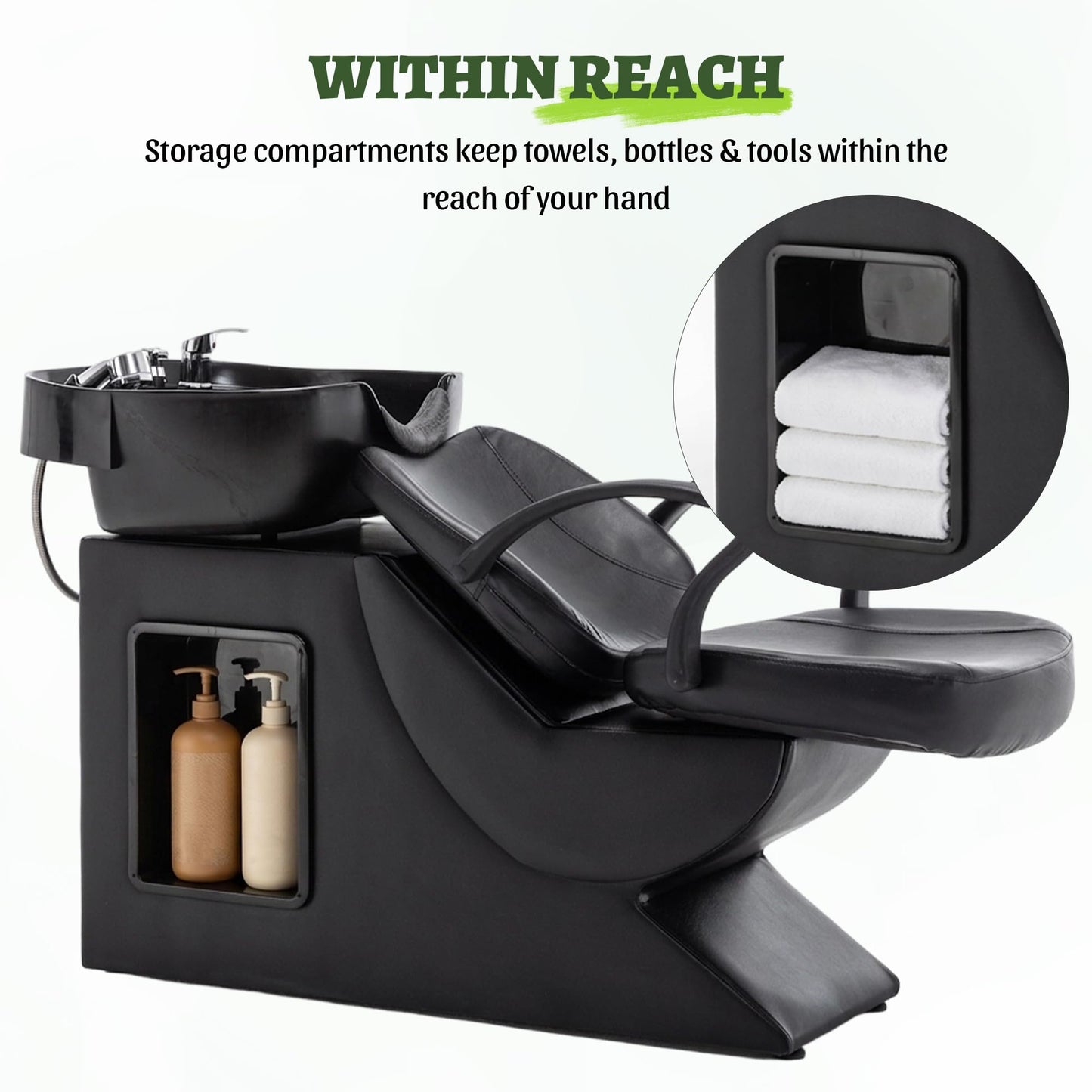 Shampoo Bowl and Chair Set for Salon, Hair Washing Backwash Shampoo Station Unit with ABS Sink & PU Leather Chair, Shampoo Bowl Sink Chair with Side Storage for Spa Barbershop Beauty, Black (Small)