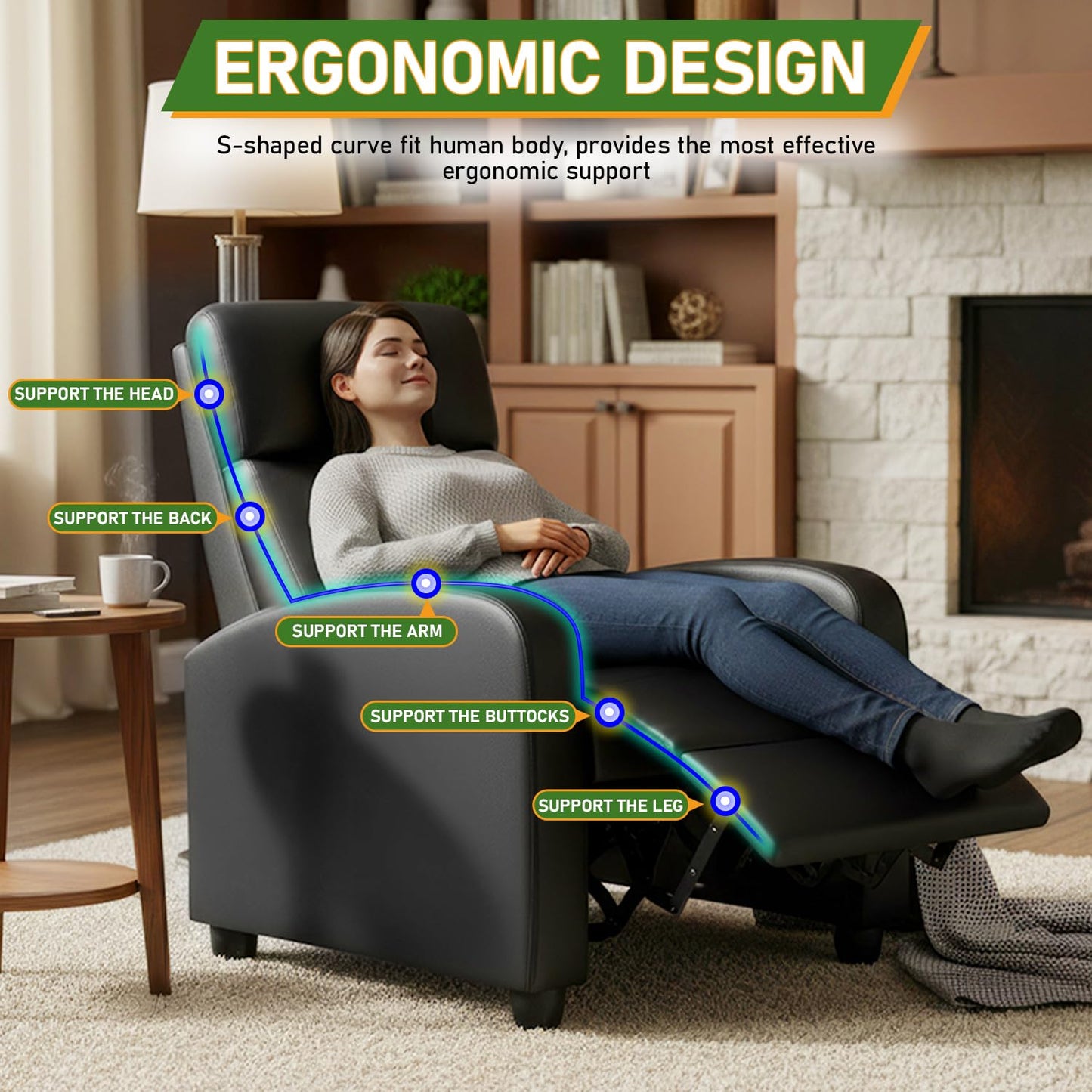 PayLessHere Recliner Chair Single Reclining Sofa Home Theater Seating with Lumbar Support and Padded Backrest for Living Room and Bedroom (Leather, Black-Massage)