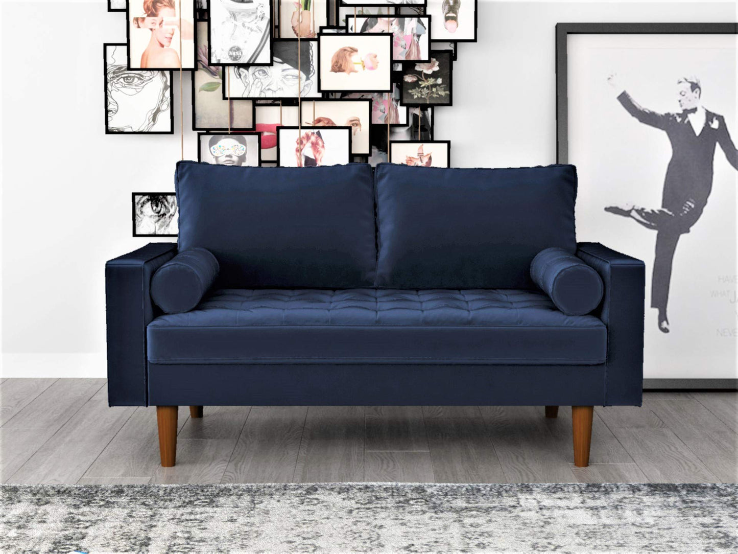 Container Furniture Direct Womble 58 Inch Velvet Loveseat Sofa with Elegant Button Tufted Upholstery, Square Arms, Splayed Wood Legs, Includes Matching Bolster Pillows, Denim Blue