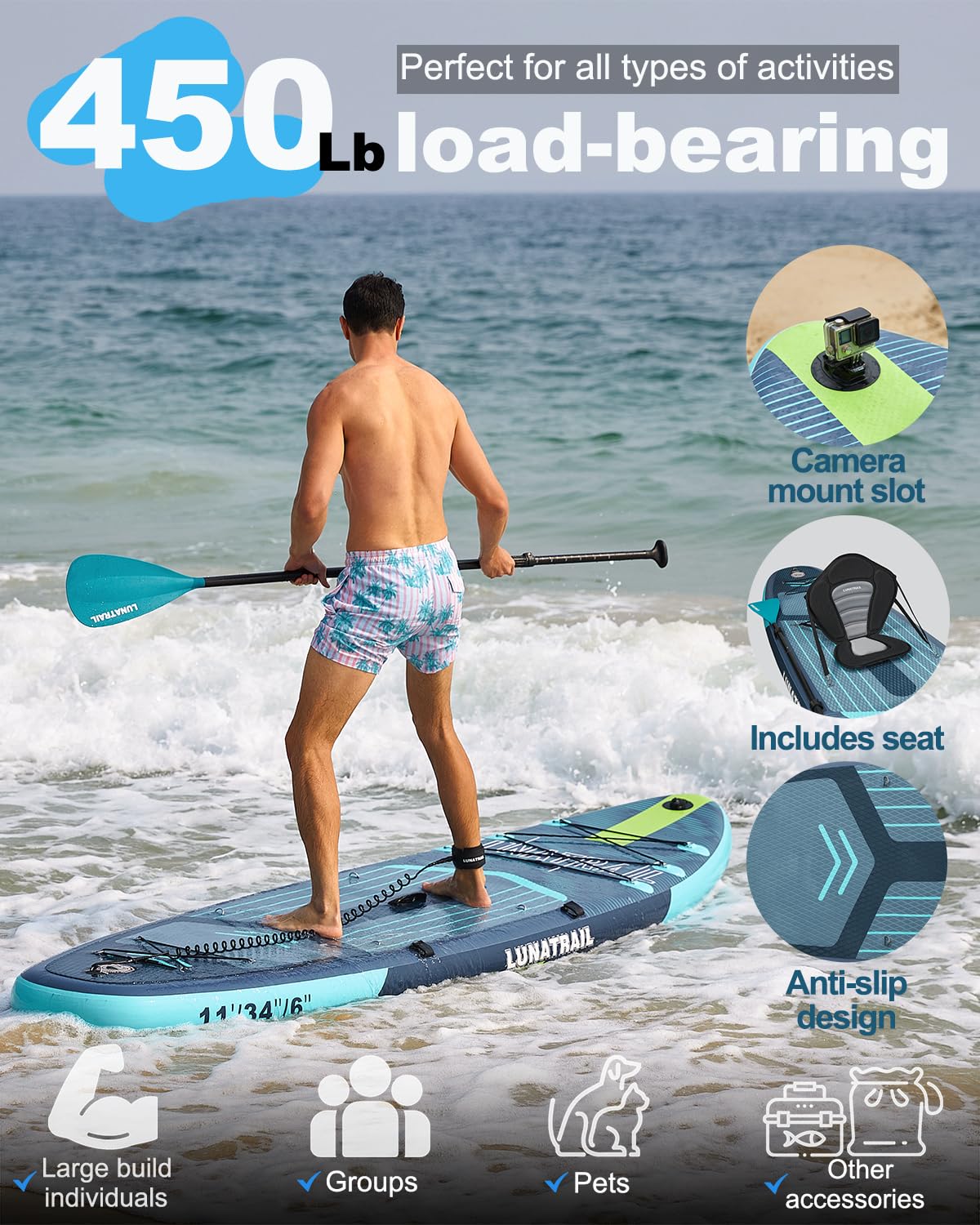 【11'×34"】 Extra Long/Extra Wide Premium Inflatable Stand Up Paddle Board (SUP) – Portable & Lightweight for Yoga, Surfing, Family Fun | Complete Kit with Paddle, Pump, Bag | Durable Design