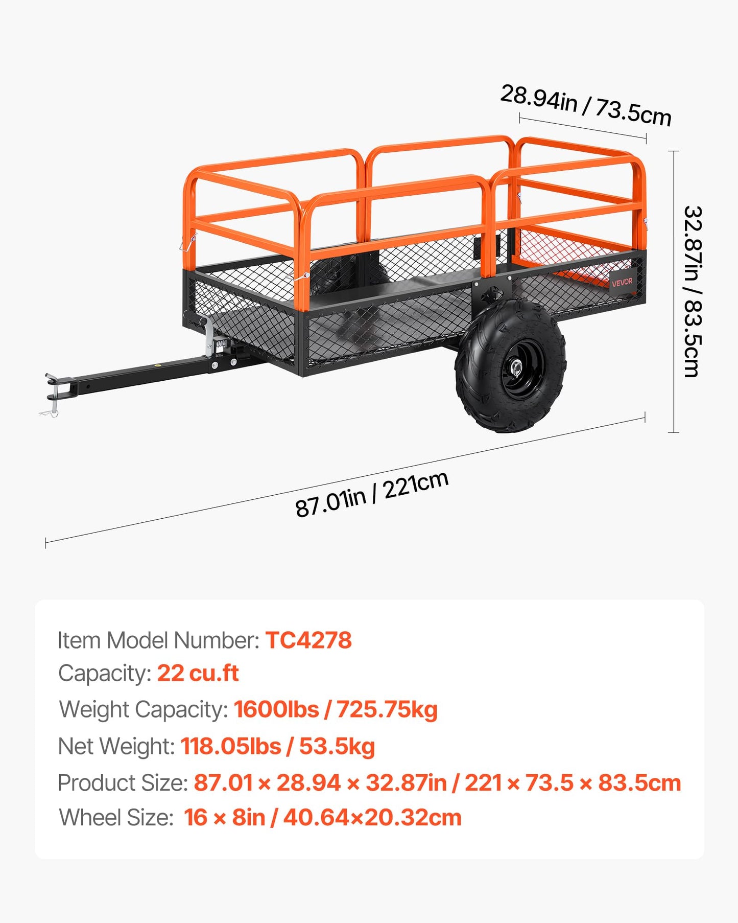 VEVOR 22 Cu.Ft 1600Lbs Steel ATV UTV Trailer Tow Behind Dump Cart, Heavy Duty Pull Behind Utility Dump Trailer for Lawn Mower Trailer Tractor Garden Yard with Removable Rear Panel