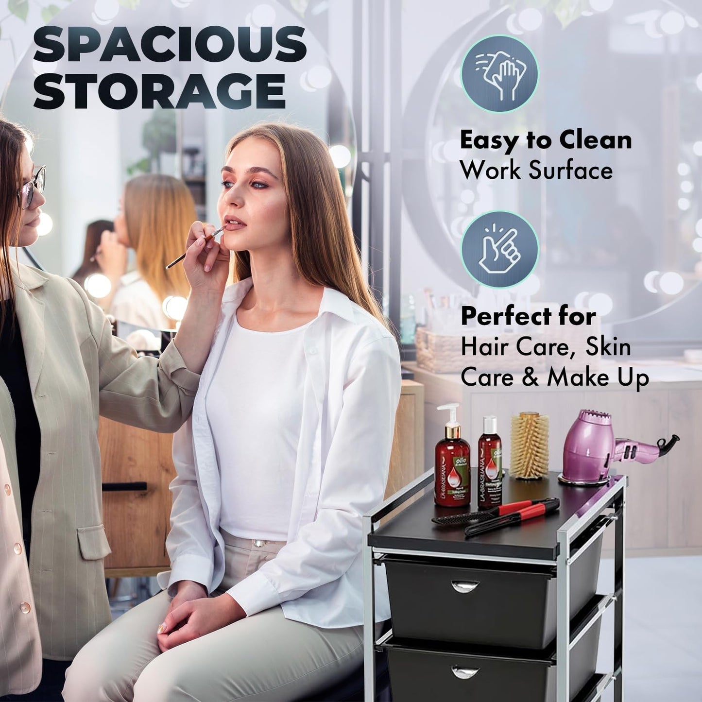 Pibbs D29-BLK 5-Tier Professional Salon Utility Cart with Wheels - Black Styling Station with Metal Appliance Holders, Extra-Large Work Surface & 5 Removable Storage Drawers – Durable & Mobile