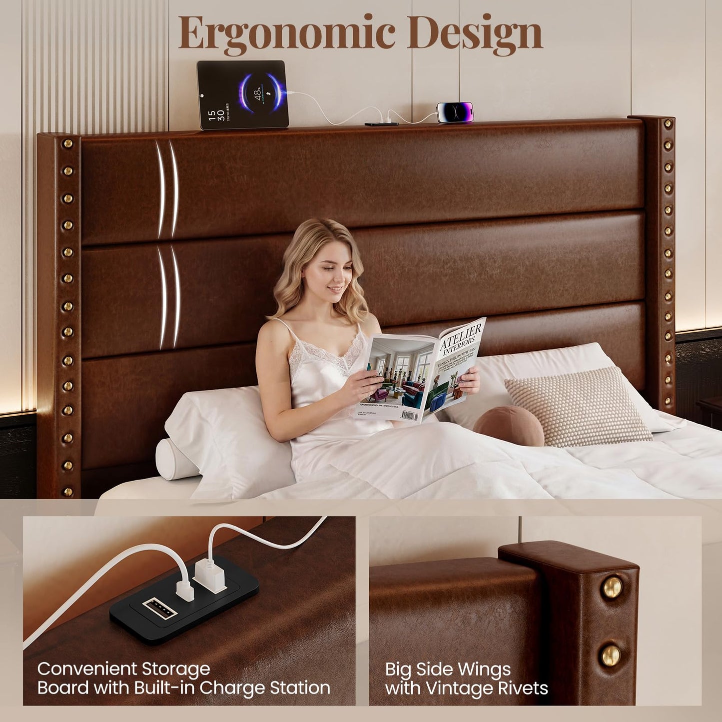 Uteeran King Size Bed Frame with Storage Shelf & Charging Station, 55" Tall Headboard & 25.6" Footboard, Faux Leather Upholstered Platform Bed with Big Rivets Wingback, Heavy Duty & Noise-Free, Brown