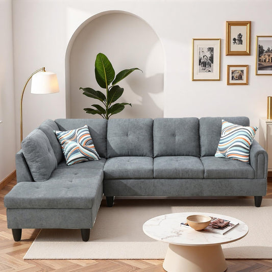 Trygoal Modern L-Shaped Sectional Sofa with Chaise Lounge, 4-Seater Fluffy Couch with High-Density Foam Cushions, for Living Room, Apartment, Studio, Easy Assembly, Dark Grey