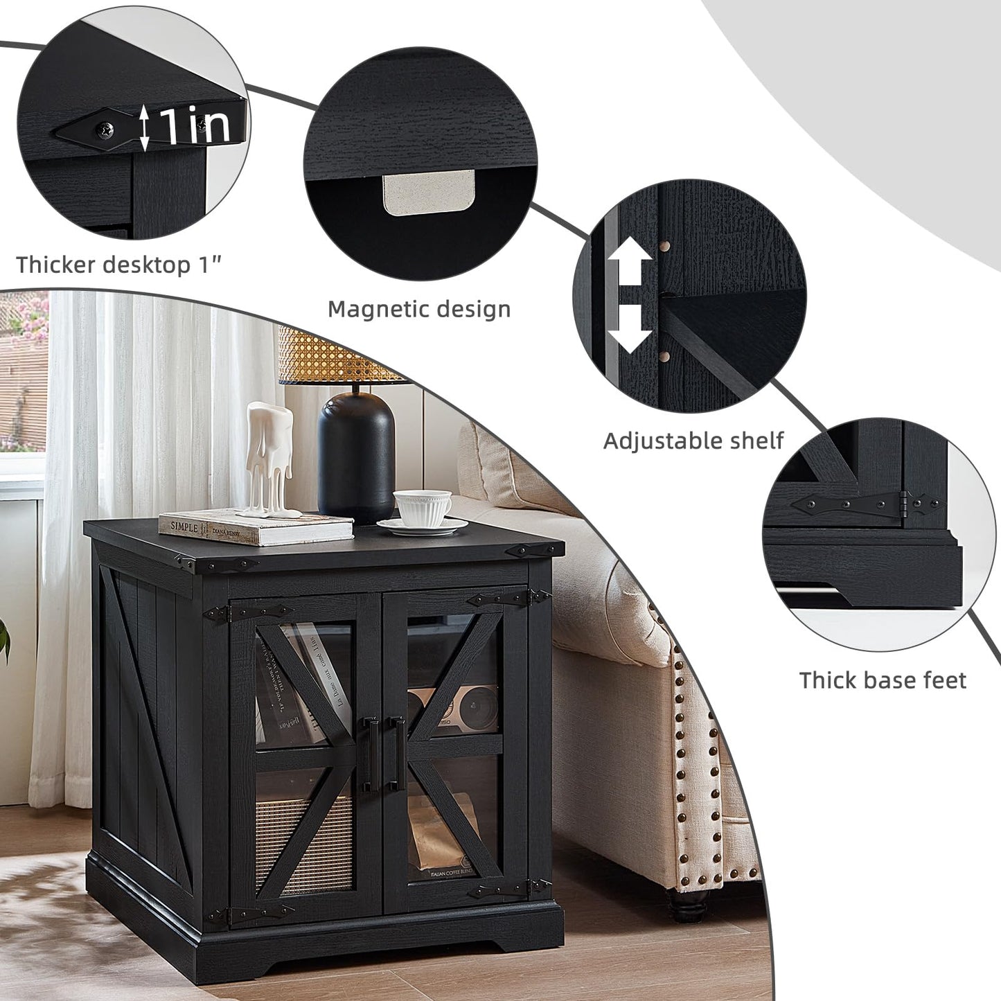Joaxswe 24" End Table Set of 2 with Charging Station, Farmhouse Night Stand with Glass Barn Door, Nightstands with Adjustable Storage Shelf, Large Wood Square Bed Side Table for Living Room,Bedroom