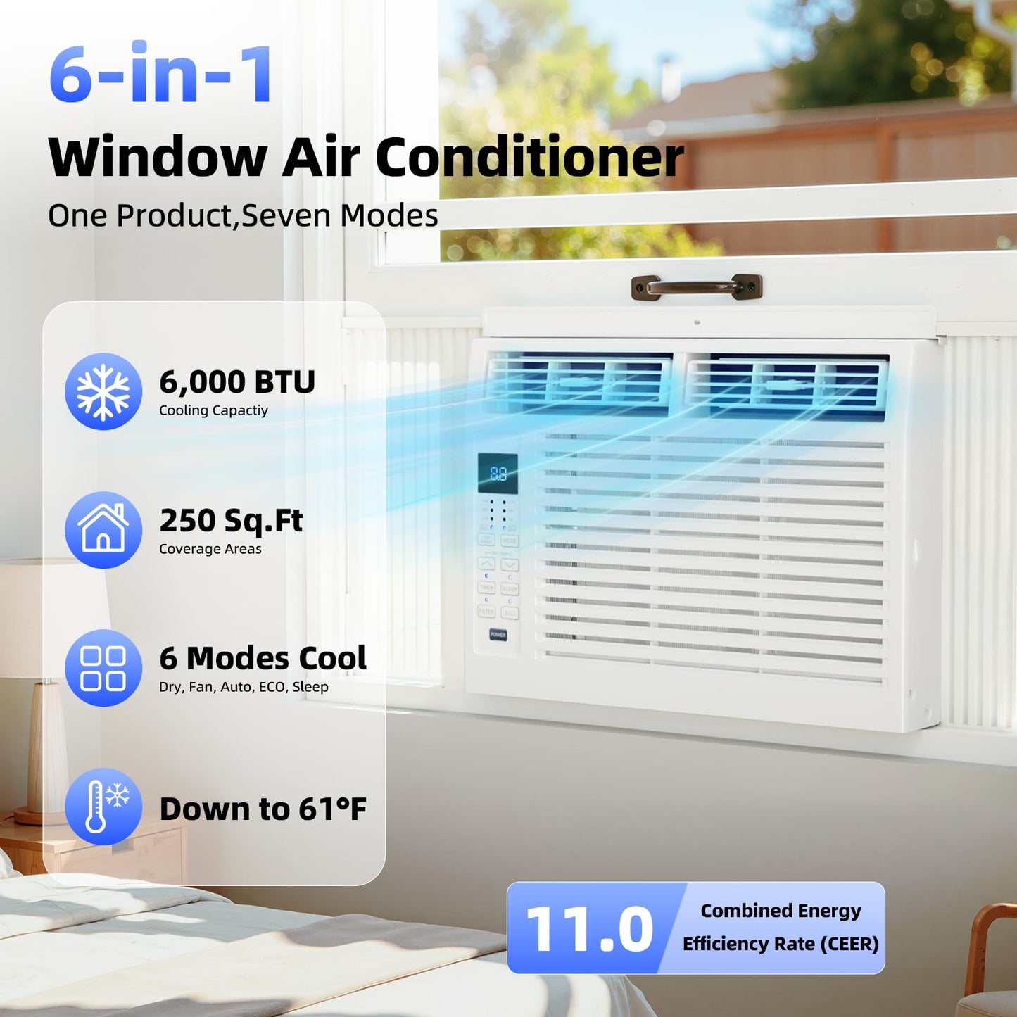 Antarctic Star 6,000 BTU Window Air Conditioner, Window AC Unit, Cools Rooms up to 250 Sq.Ft., 6 in 1 Modes Air Conditioner Window Unit with Remote Control, Easy to Install, Energy Saving, White