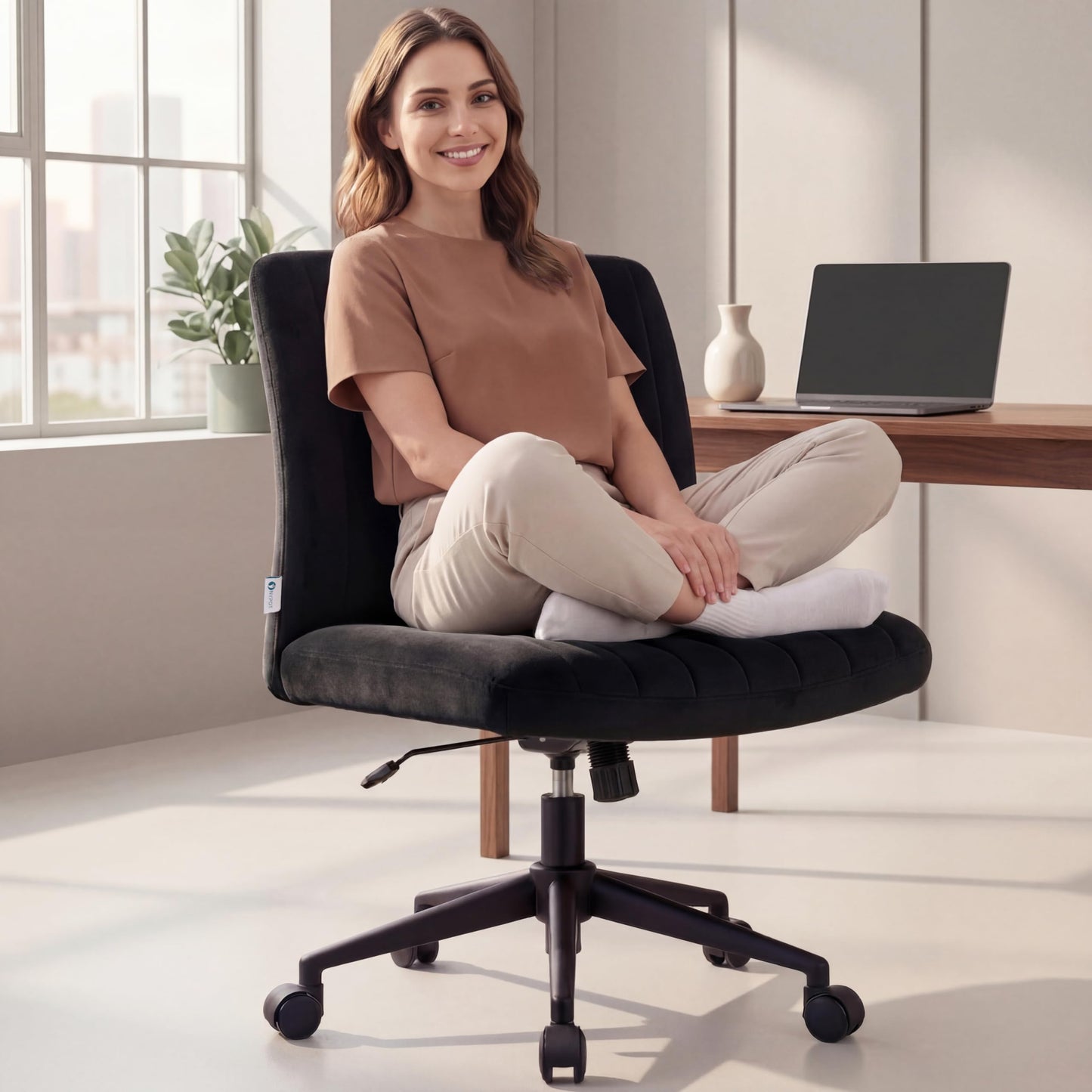NYPOT Armless Desk Chair with Wheels for Criss Cross Sitting - Cross Legged Wide Armless Chair - Adjustable Vanity 360° Swivel Stool and 120° Rocking Wide Seat Comfy for Home and Office, Black Velvet