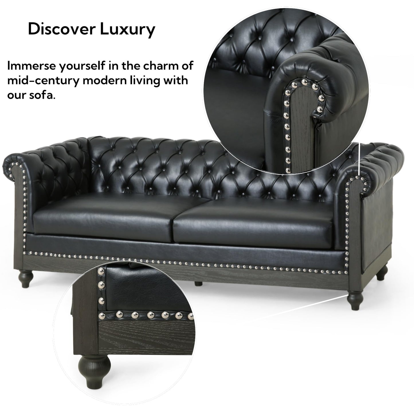 Merax PU Chesterfield Sofa, Retro Upholstered 3 Seater Leather Couch Rolled Arm for Living Room Bedroom Office, Black