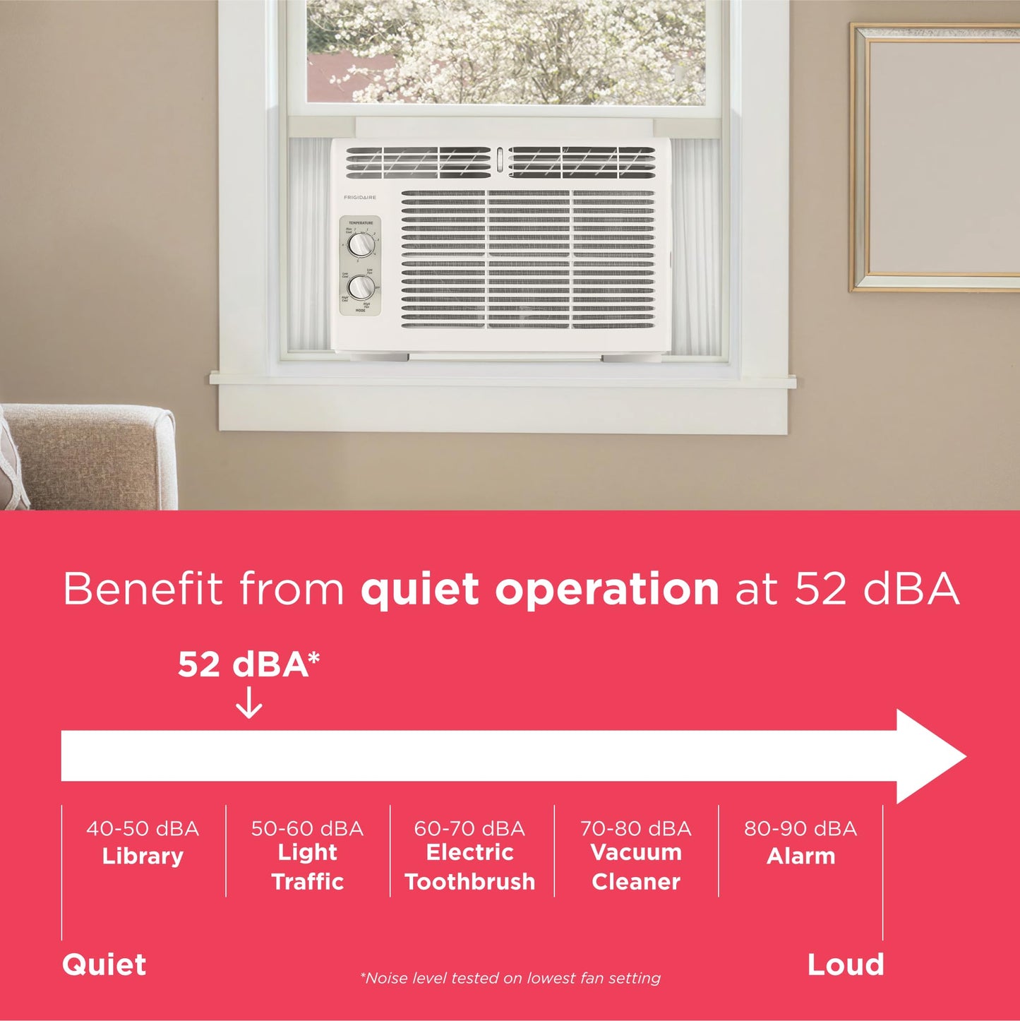 Frigidaire 5,000 BTU Window-Mounted Air Conditioner, Cools Up to 150 Sq. Ft., Quiet Operation, Effortless Temperature Control, 2 Fan Speeds, Auto Restart, White