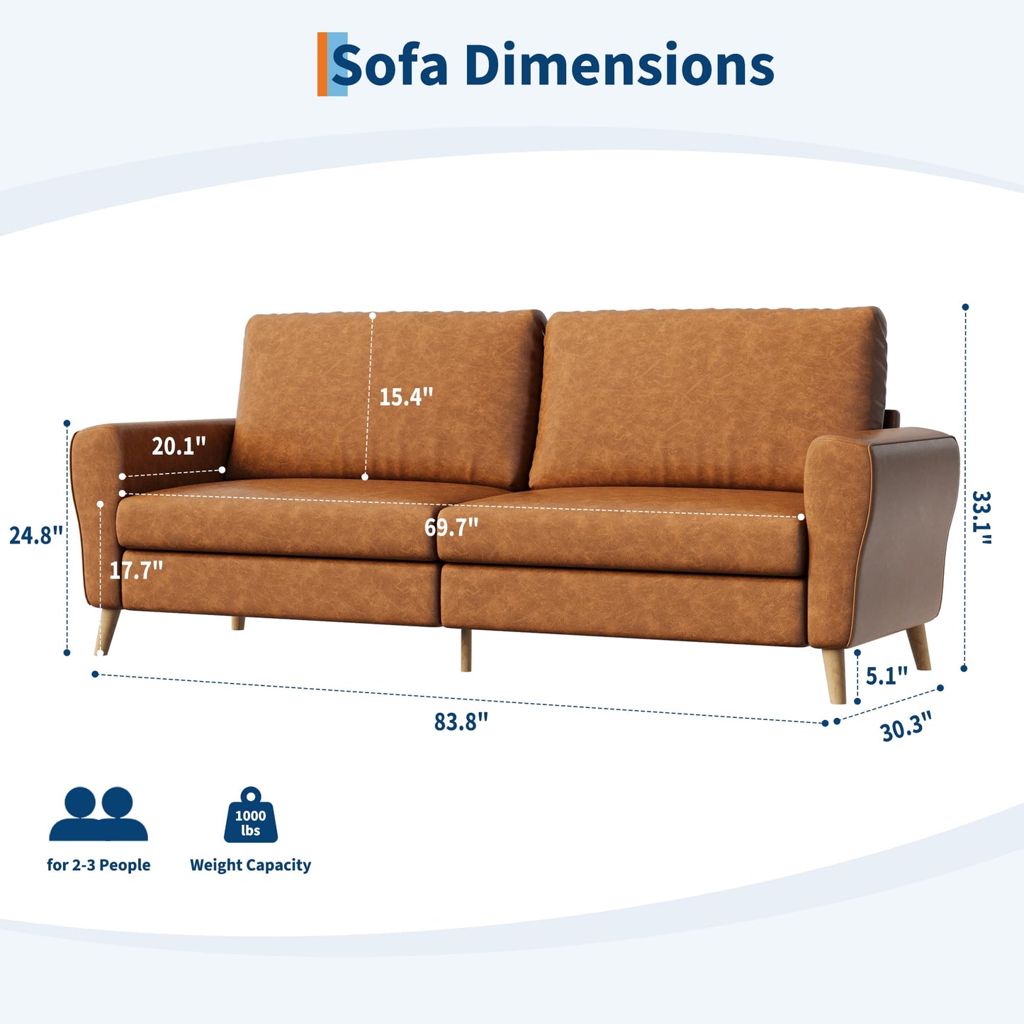 IDEALHOUSE 84 Inch Modern Sofa Couch, Large 3-Seater Sofa with Streamlined Armrests, PU Leather Loveseat Wood Feet, Comfy Couch for Living Room, Apartment, Lounge, Brown