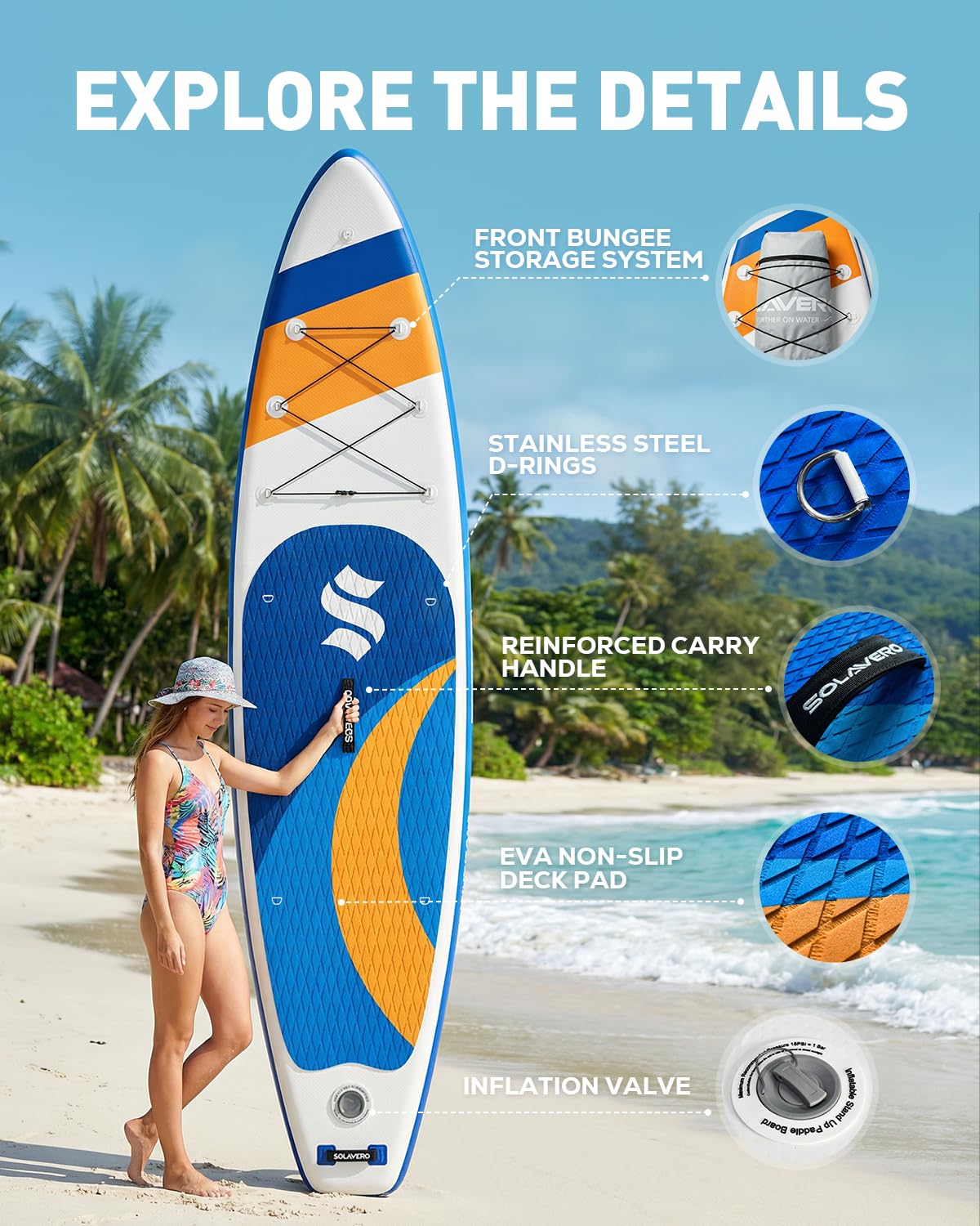 SOLAVERO 11' Inflatable Stand Up Paddle Board, Extra Wide Stable SUP with Premium Accessories Blow Up Paddle Board for Adults, Suitable for Sea and Lake, All Skill Levels