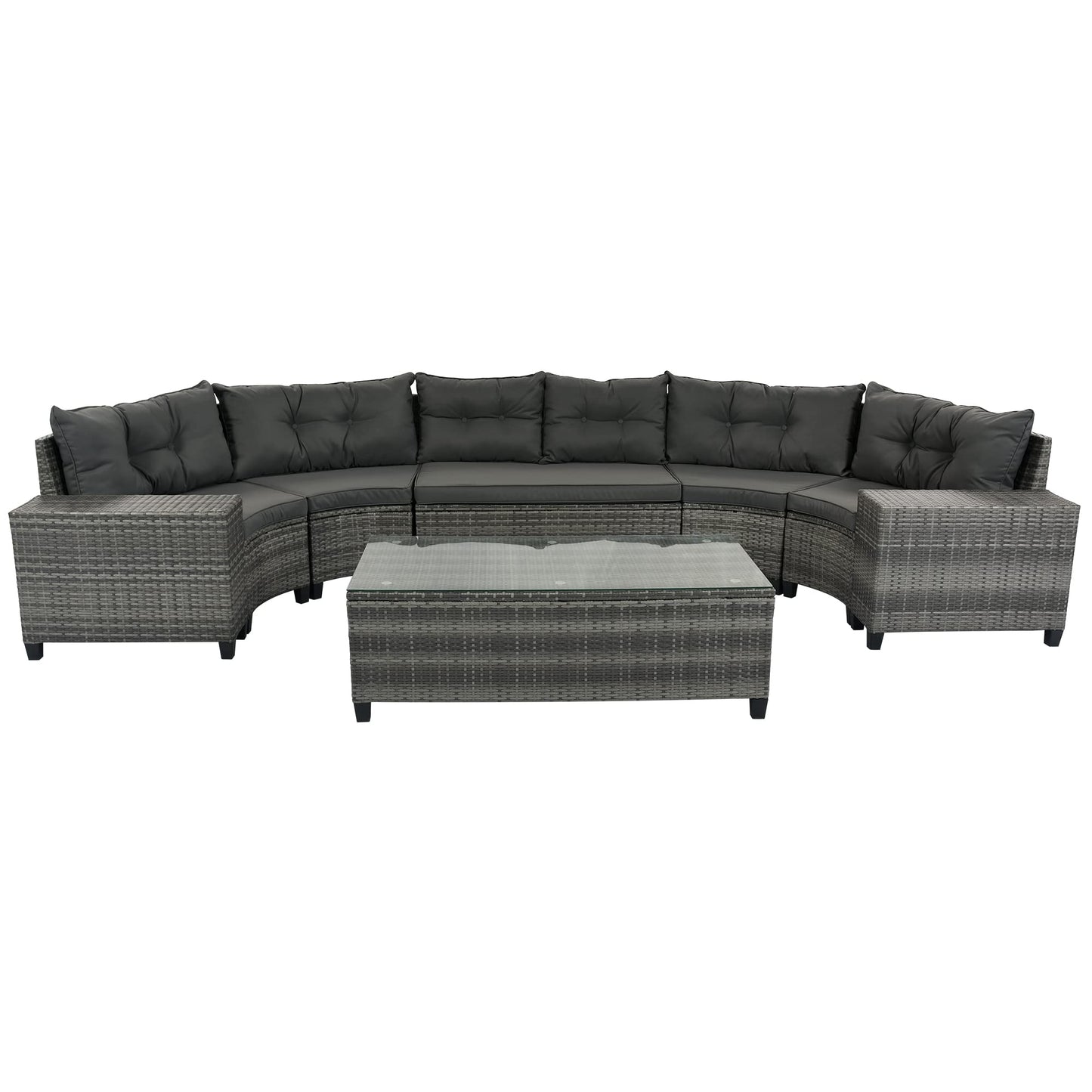 8-Piece Outdoor Wicker Round Sofa Set, Half-Moon Sectional Sofas with Cushions, PE Rattan Curved Lounge, Rectangular Coffee & Side Tables, Sturdy Patio Seating for Garden, Deck, Balcony, Gray