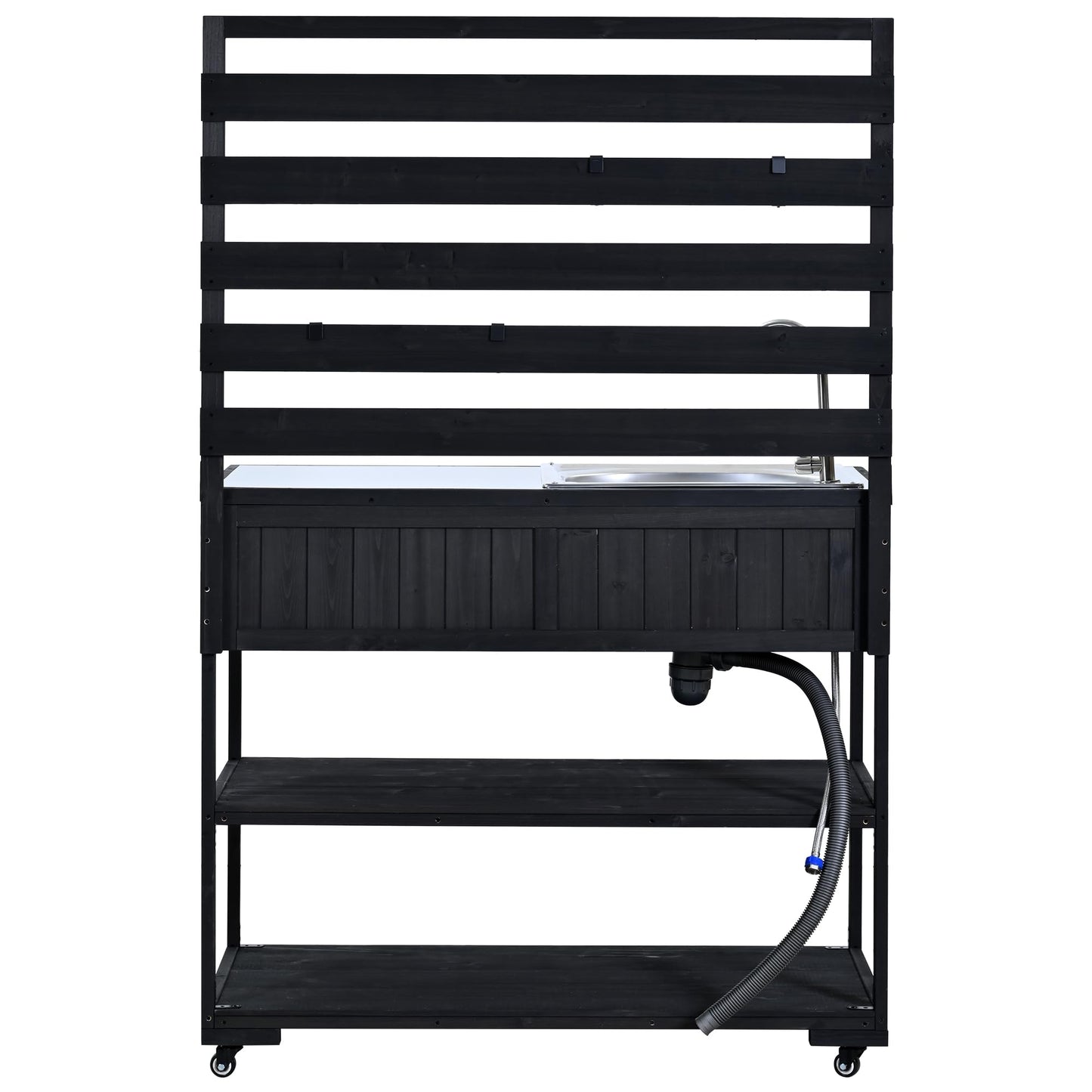 GDFStudio Elvale Patio Rolling Kitchen Island Cart with Sink, Wooden Outdoor Storage Cabinet with Stainless Steel Top, Movable Shelves, Bottle Opener and Lockable Wheels, Garden Potting Bench, Black