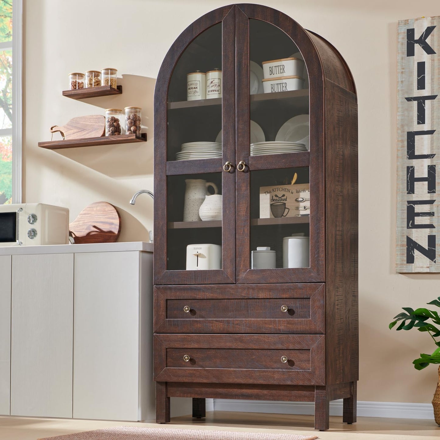 IFGET 71" Tall Arched Kitchen Pantry Cabinet, Wood Kitchens Storage Cabinets with 2 Large Drawers and Adjustable Shelves, Modern Farmhouse Versatile Cupboard for Kitchen, Dining Room, Bathroom, Brown