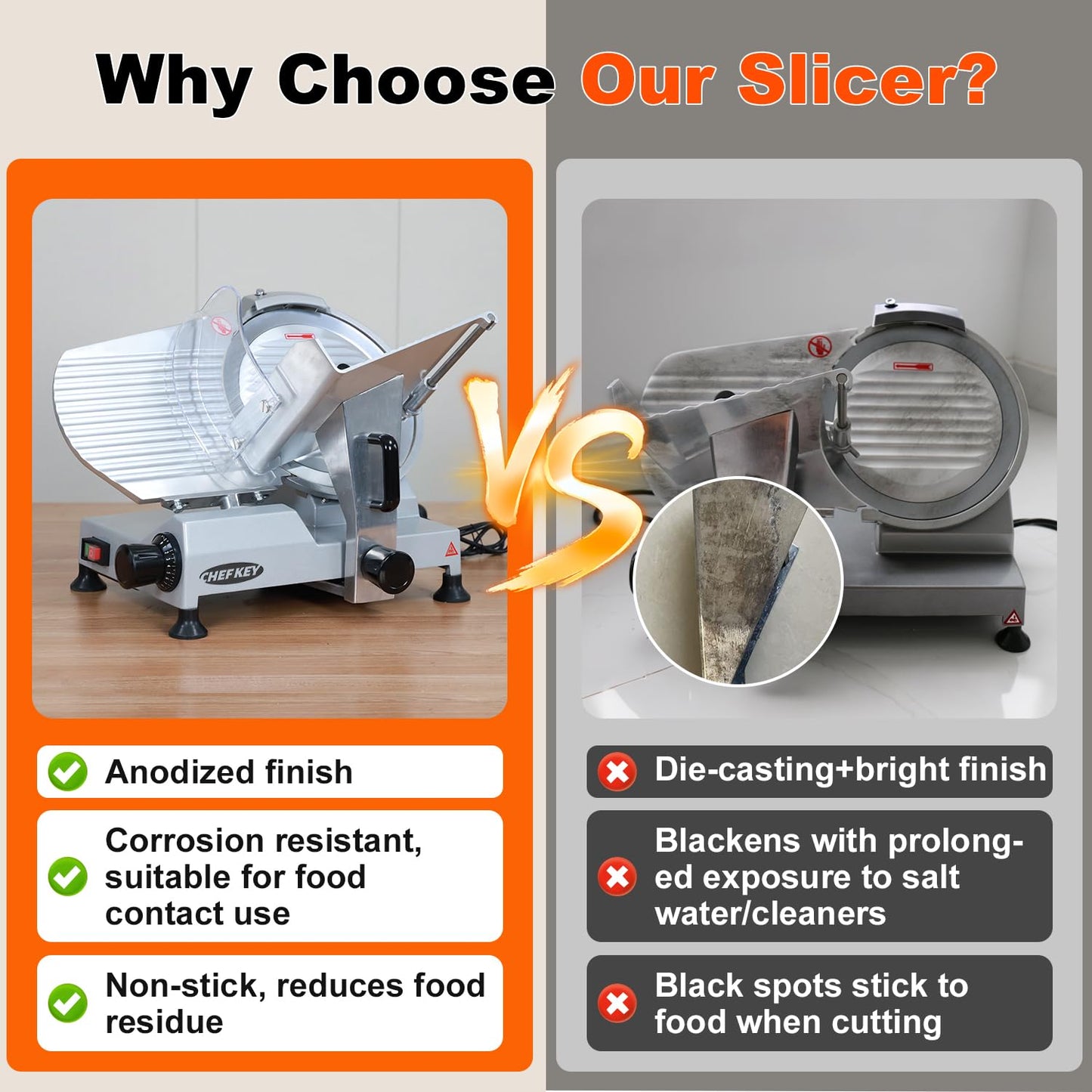 CHEF KEY Commercial Meat Slicer, 10 inch Electric Food Slicer, 240W Frozen Meat Deli Slicer, Premium Chromium-plated Steel Blade Semi-Auto Meat Slicer For Commercial and Home use
