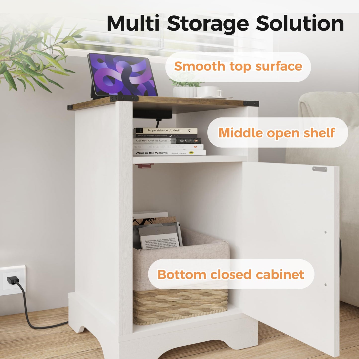 FansaFurn Farmhouse End Table with Charging Station Set of 2, Rustic Night Stand with Storage Cabinet and Shelf, Tall Wooden Bedside Table for Bedroom, Living Room, Rustic Oak and White