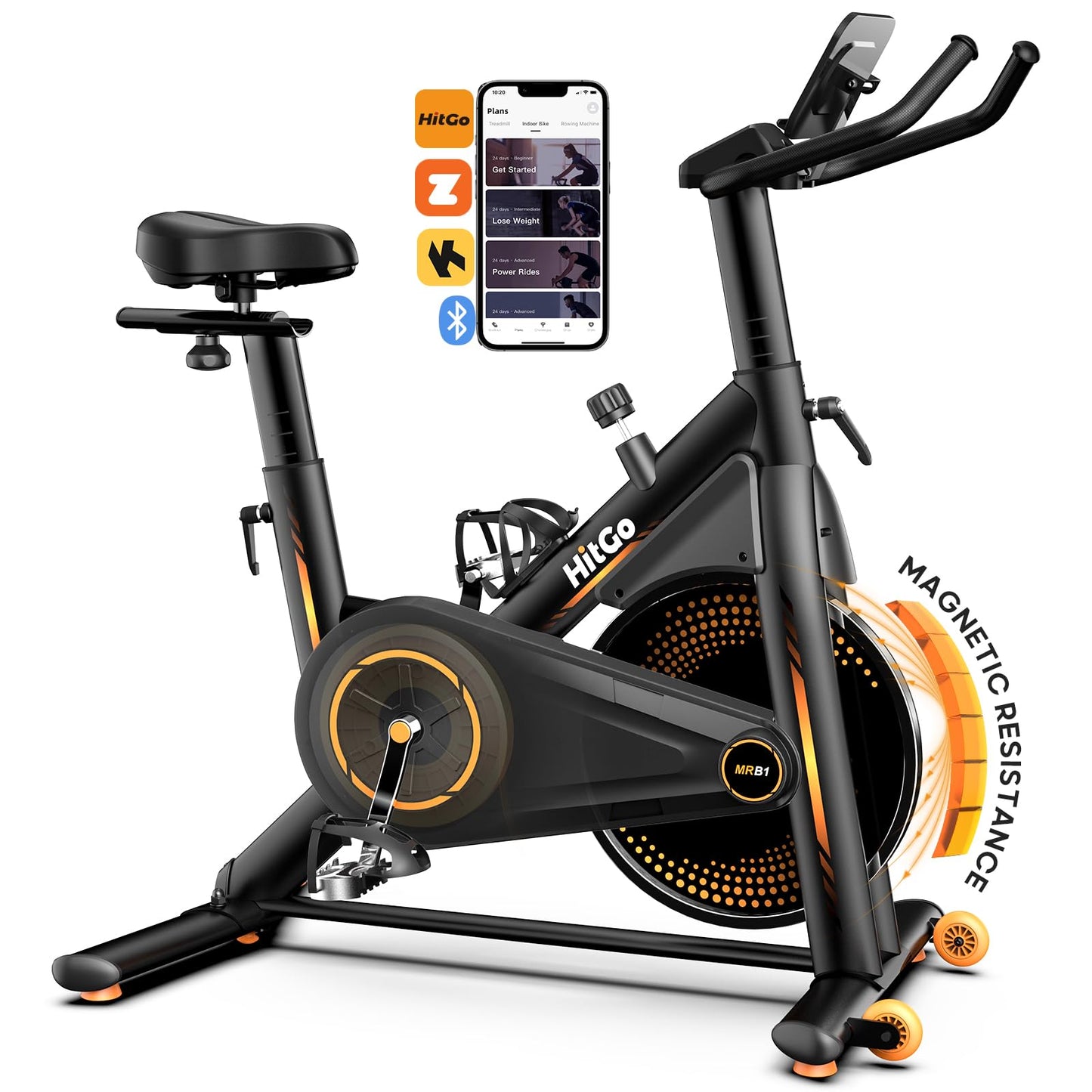 HitGo Exercise Bike, Magnetic Resistance/Brake Pad Stationary Bike with Exclusive App, 300lb Weight Capacity Indoor Bike with Soft Seat Cushion, Silent Belt Drive, Heavy Flywheel and LCD Monitor
