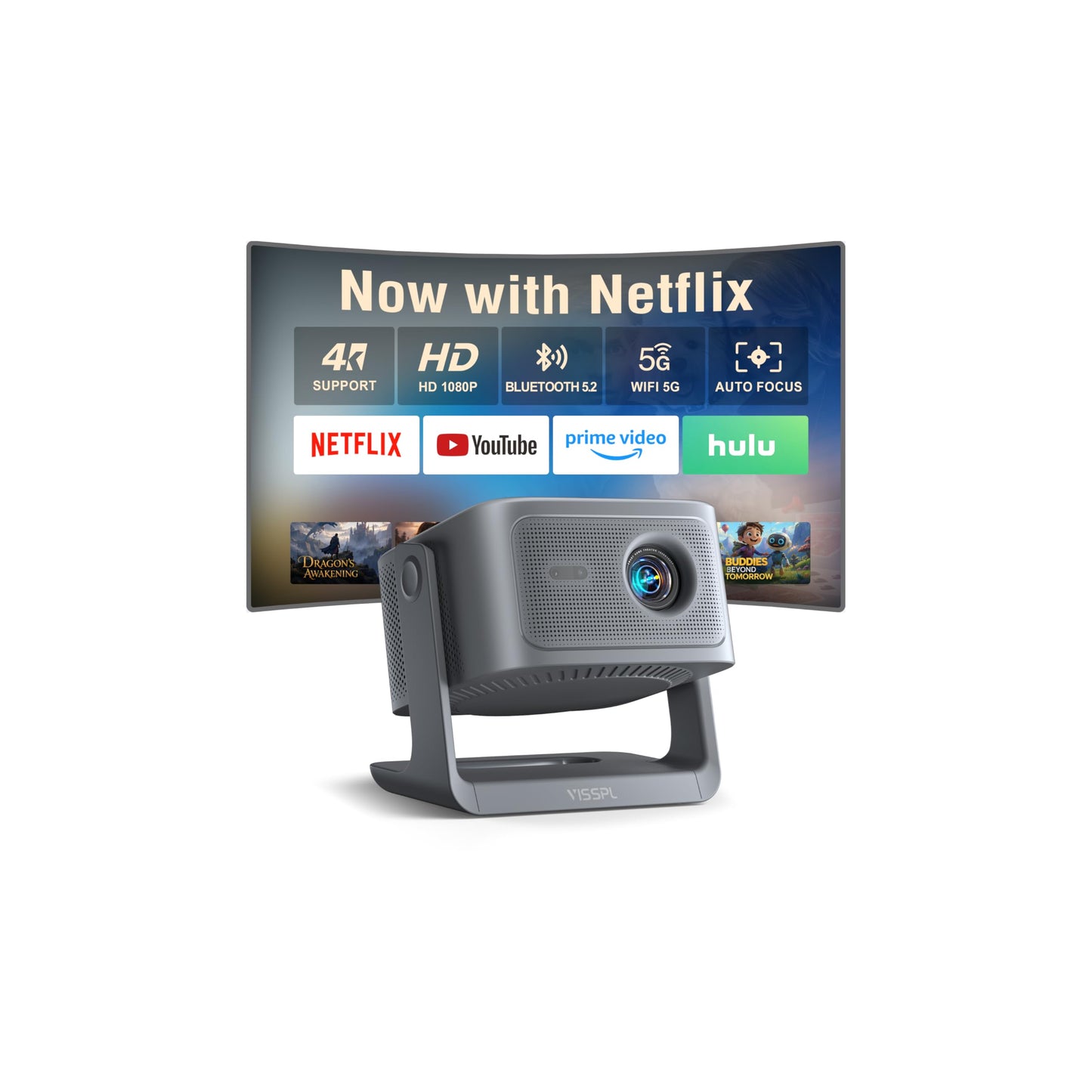 【3000ANSI & Officially-Licensed APP】Smart 4K Projector with WiFi and Bluetooth, VISSPL 3D Dolby Audio and Auto Focus Portable Outdoor Projector, Movie Home Theater Proyector with 360° Adjustable Stand