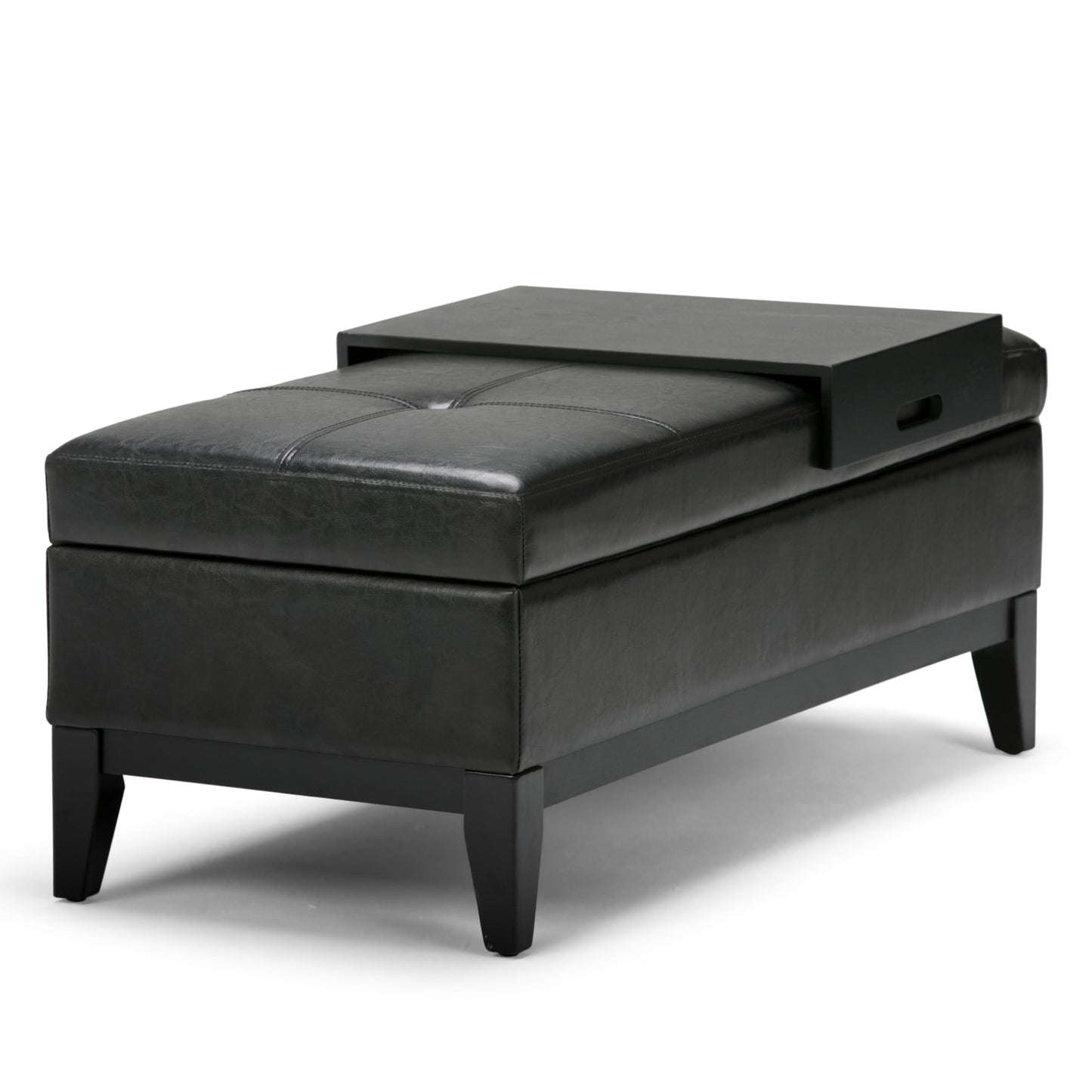 SIMPLIHOME Oregon Storage Ottoman Bench with Tray - 42 inch Wide Upholstered Vegan Leather Rectangle Ottoman Bench in Midnight Black, Transitional Tufted Ottoman for Living Room with Lift-Up Lid