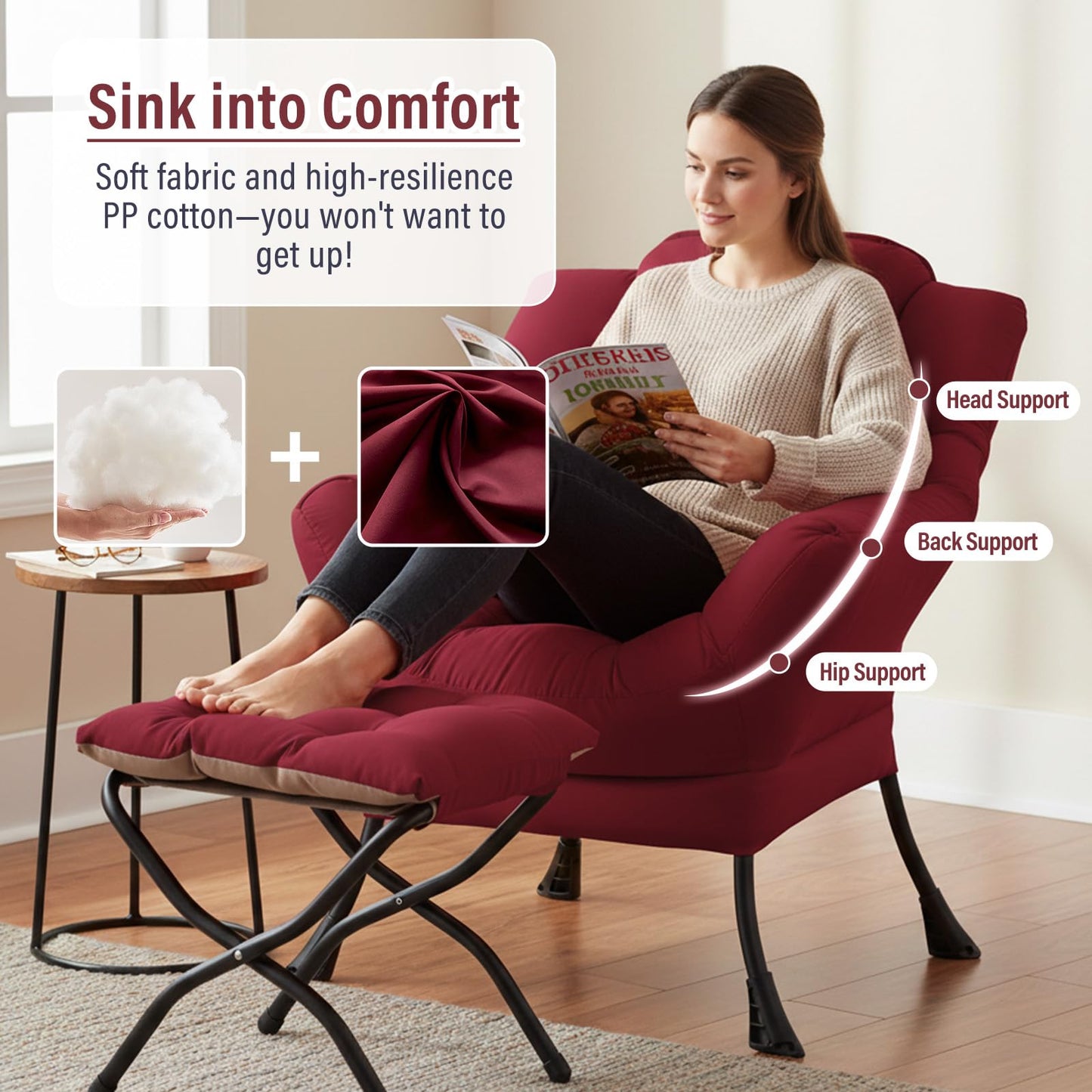 Furlide Lazy Chair with Ottoman, Modern Accent Chairs with Folding Footrest, Burgundy Sofa Chair Set, Comfortable Reading Chairs, Oversized Armchairs for Bedroom, Study, Living Room, Courtyard