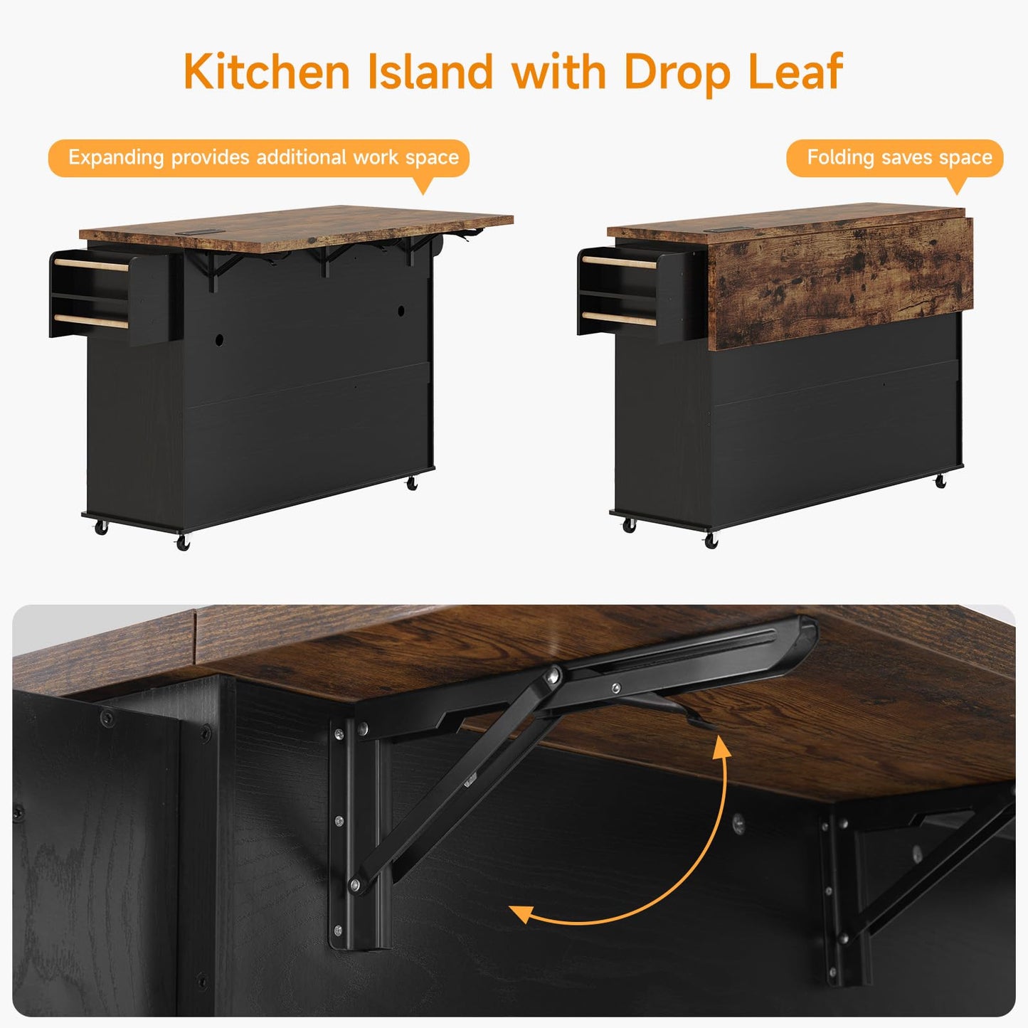 ComfyCorner 60" Rolling Large Kitchen Island on Wheels with Extendable Table, Drop Leaf & Power Outlet, Mobile Kitchen Cart with Storage Cabinet, 2 Drawers, Spice Rack, Towel & Knife Holder, Black