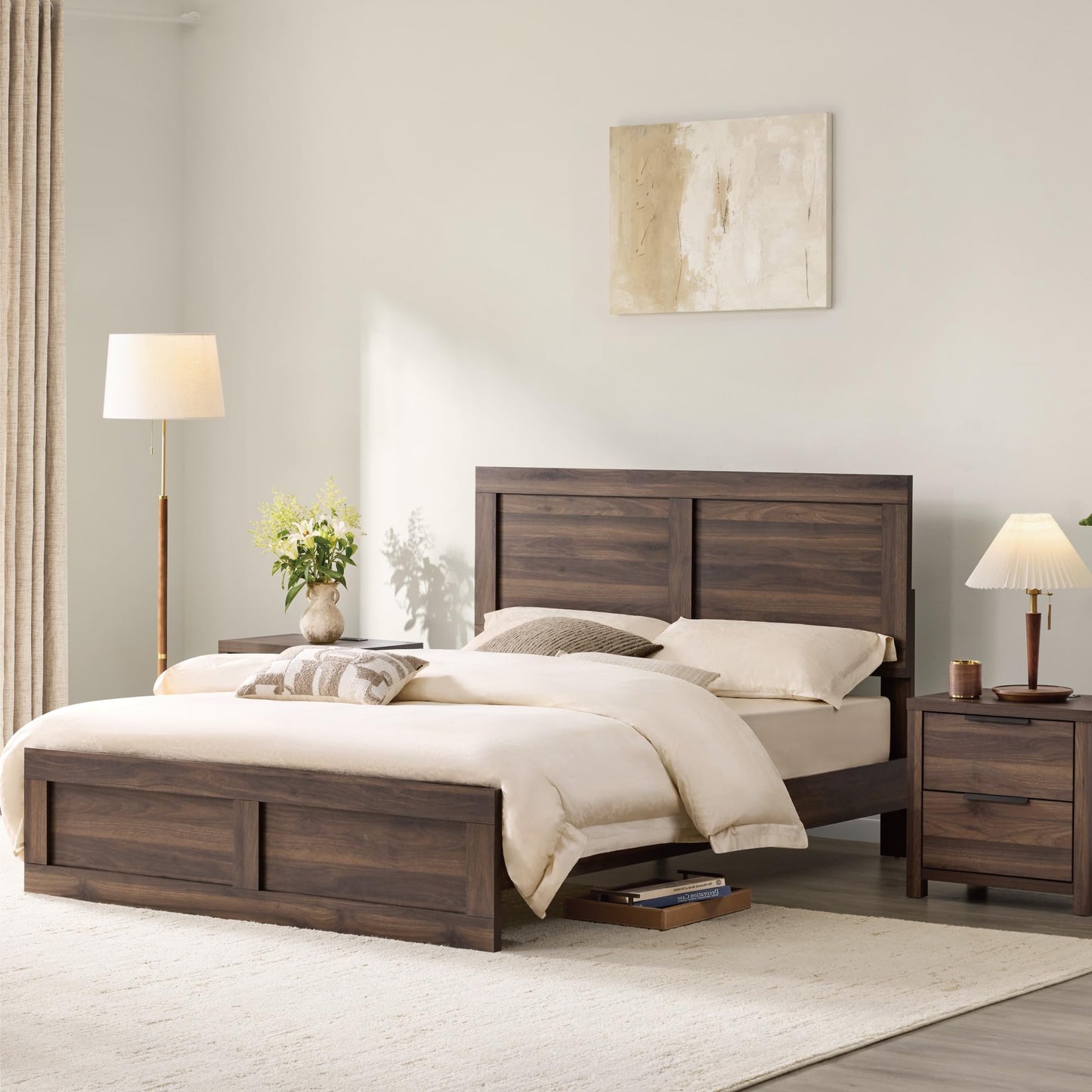 KISLOT 3 Pieces Bedroom Set, Wood Bed Frame with Upholstered Headboard & 2 Nightstands with Storage, Wooden Platform Mattress Foundation Farmhouse Bedroom Furniture Set