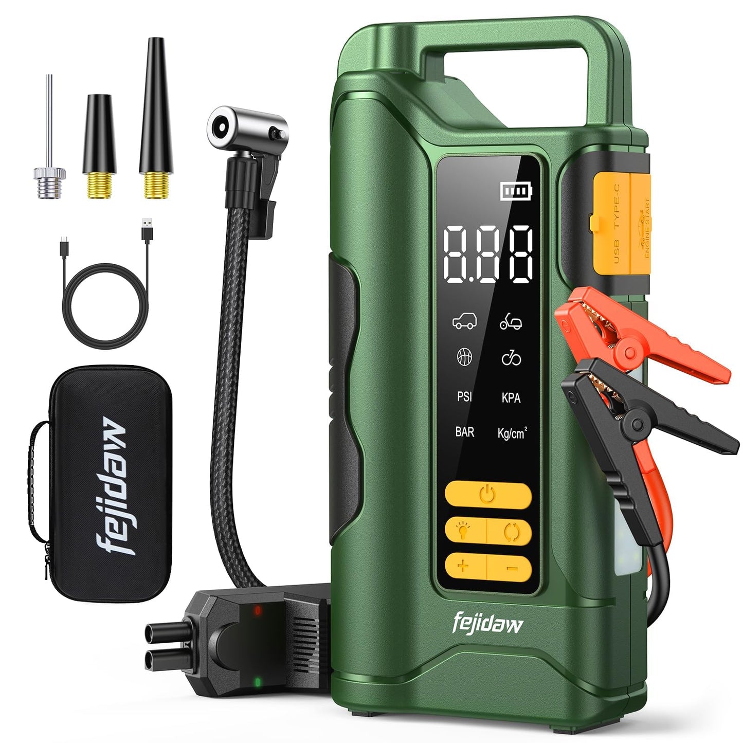 Jump Starter with Air Compressor,6000A Car Battery Jumper Starter, 20000mAh Battery Jumper Starter Portable for 10L Gas/Diesel Engine with 160PSI Booster,LED Display & Light,Jumper Cables