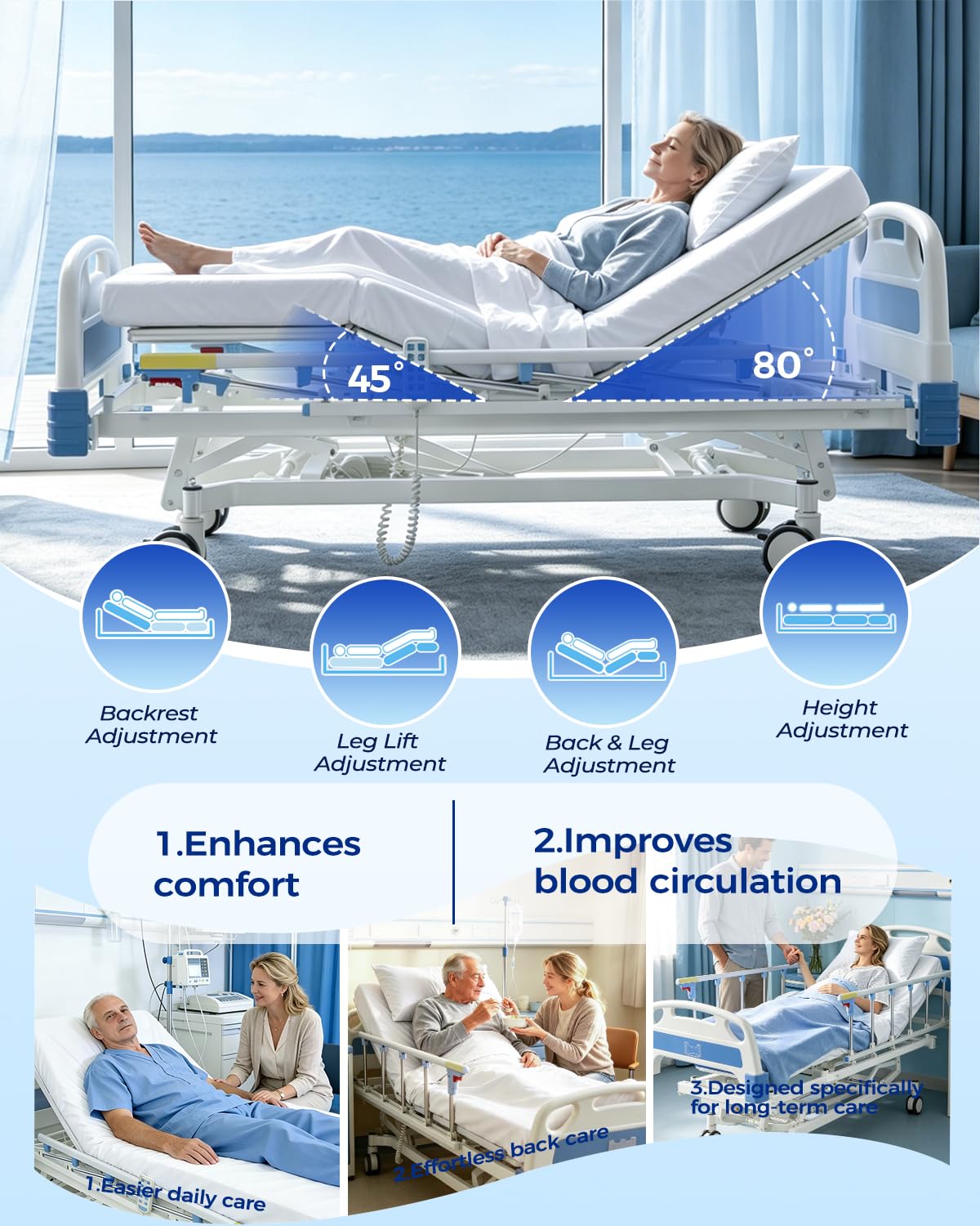 HaiyoHBED 4 Function 600LBS Full Electric Hospital Bed, Beds for Home Use, Special Needs Medical Bed for Seniors with Mattress, Adjustable Hospital, Frame IV Pole, Medical Equipment Beds