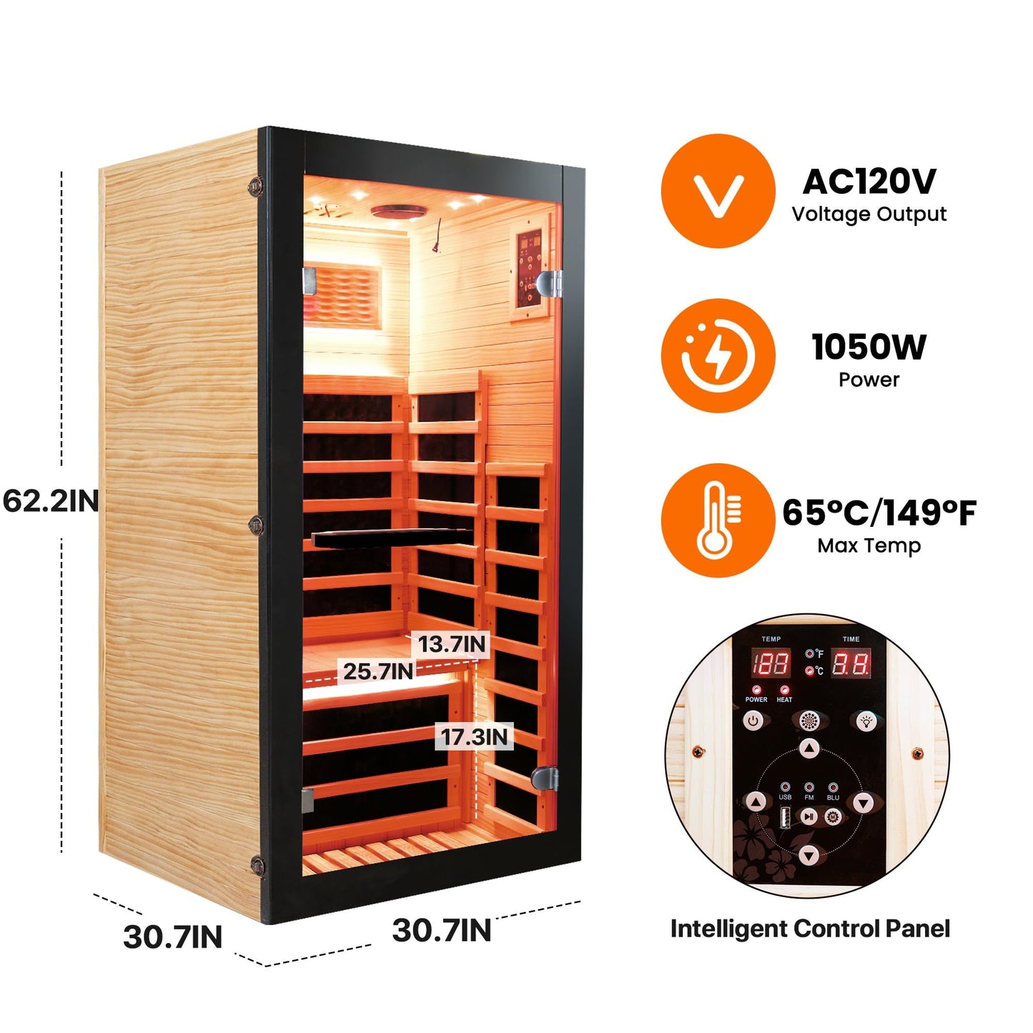 YJSPSSW Single-Person Sauna Cabin – Compact Infrared Sauna with 8 Heating Plates, Starry Sky Lighting & Colorful Light Strips – Chilean Pine Wood Design (780x780x1580mm)