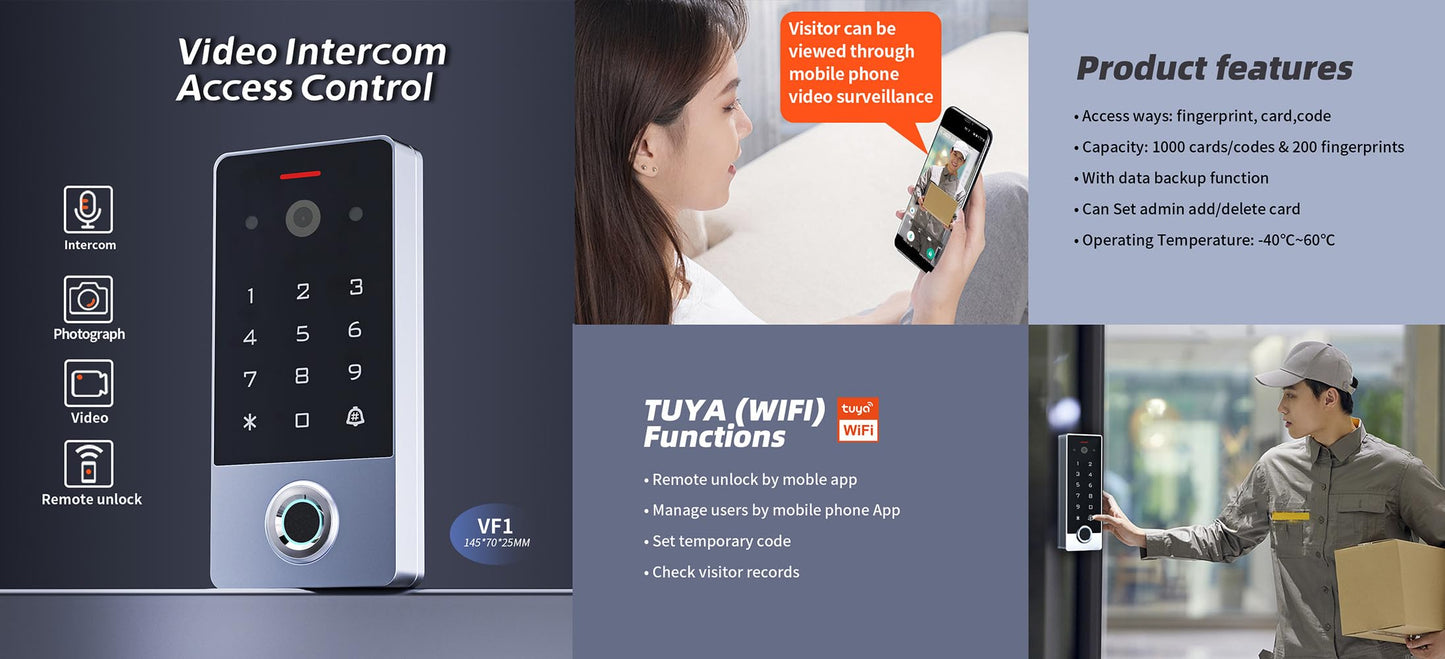 Smart Door Access Control System with Tuya APP Remote Video Intercom & Monitoring, Built-in Camera, 1200lbs Magnetic Lock, IP68 Metal Keypad, Fingerprint/Password/ID Card Unlock