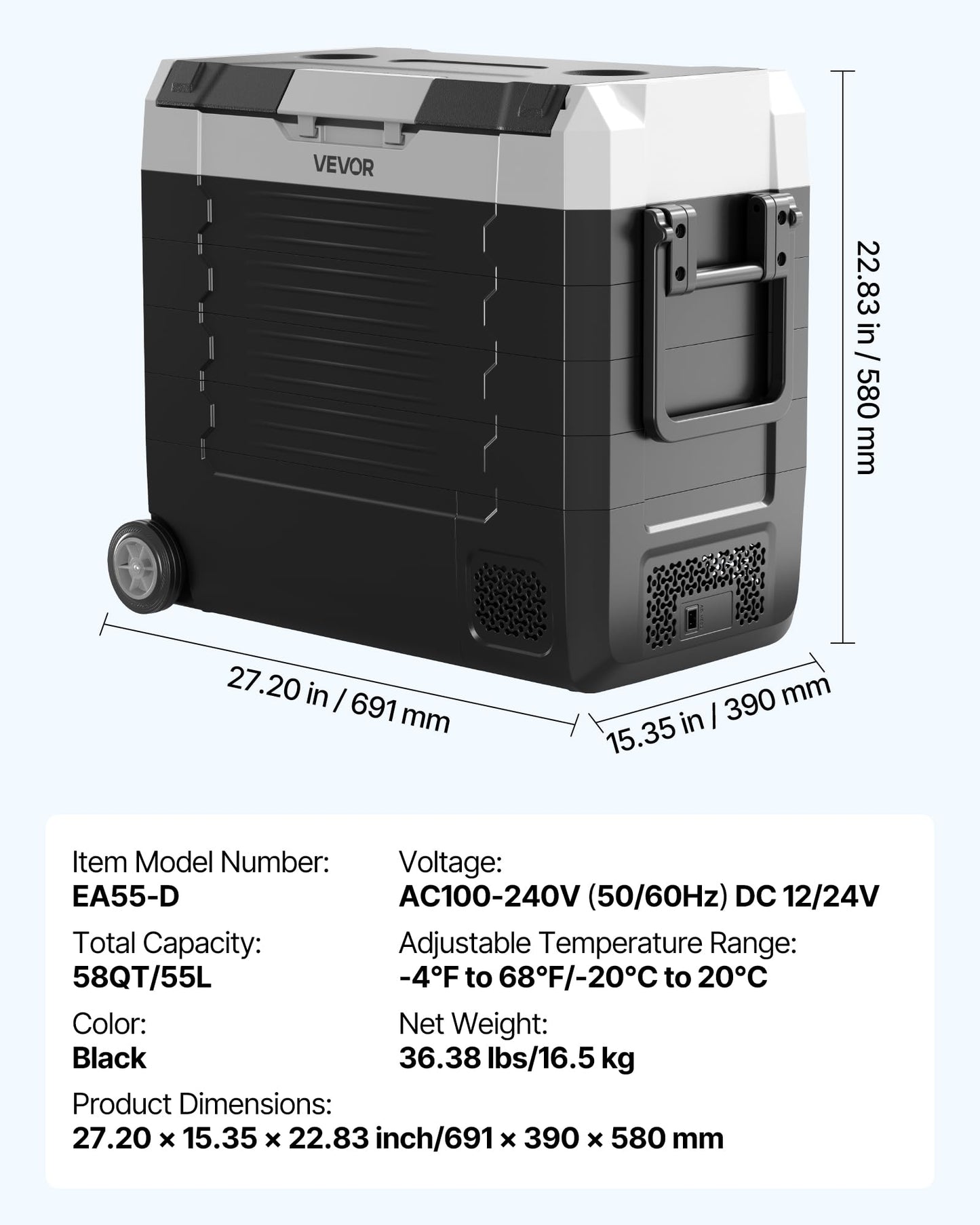 VEVOR Car Refrigerator, DC 12/24V AC100-240V Compressor Electric Cooler, -4°F to 68°F Truck Refrigerator with APP Control, Wheels & Dual Zone, 58 QT Cars Cooler for RVs, Boats, Camping, Fishing