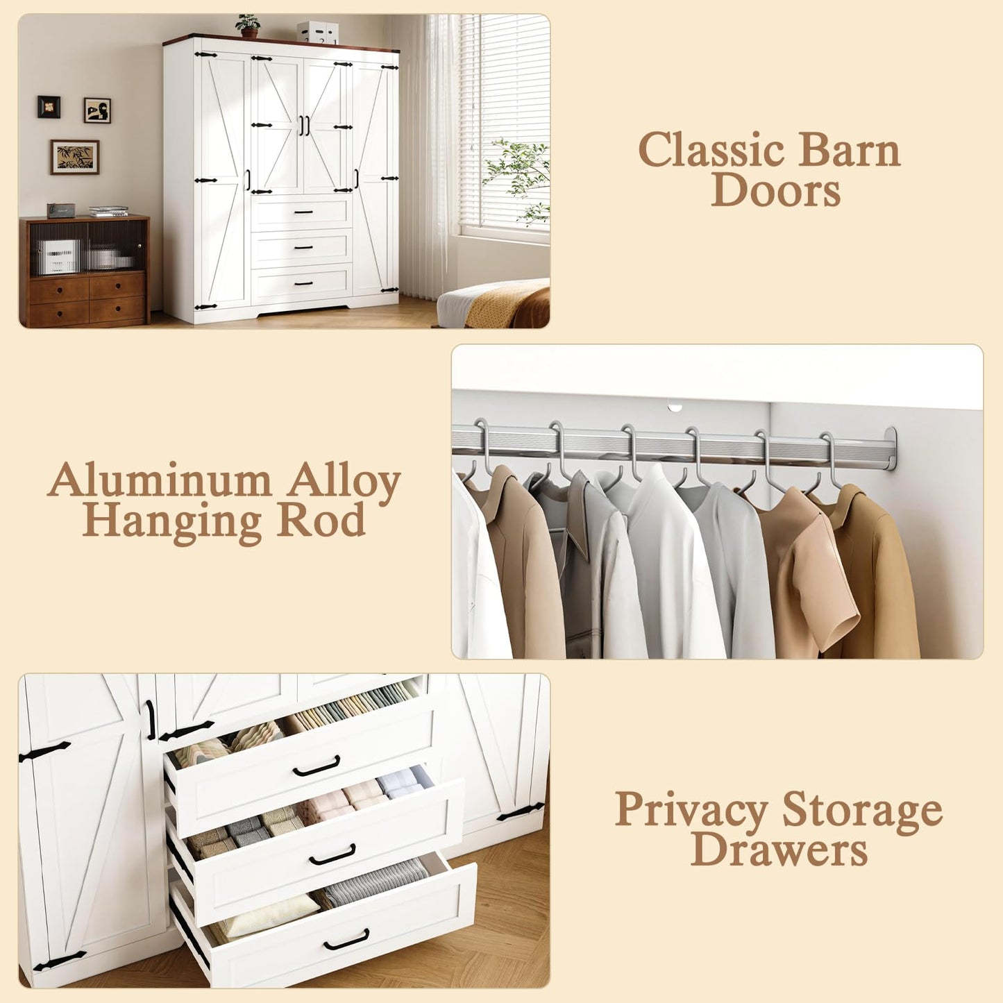 CayugaCrekrd 70" Tall Armoire Wardrobe Closet with 4 Doors & 3 Drawers, Farmhouse Bedroom Storage Cabinet with Hanging Rod, Freestanding Wooden Armoire Wardrobe Closet, White