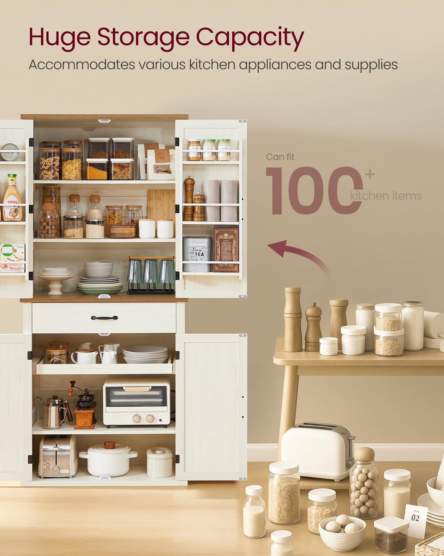 VASAGLE LIRY Collection - Pantry Cabinet, 70.3-Inch Tall Farmhouse Kitchen Storage Cabinet with Barn Doors, Drawer, Tray, Adjustable Shelves, for Kitchen, Dining Room, Rustic White UBBK364WJ01S