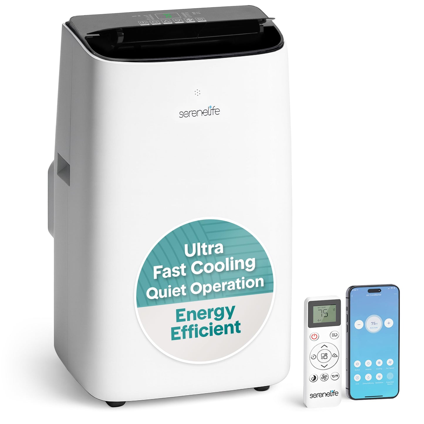 SereneLife 14,000 BTU Dual Hose Portable Inverter Air Conditioner, Smart Cooling Heating with WiFi, Ultra Quiet, Energy Efficient, For Bedrooms, Living Spaces & Offices, 650 Sq. Ft. Coverage