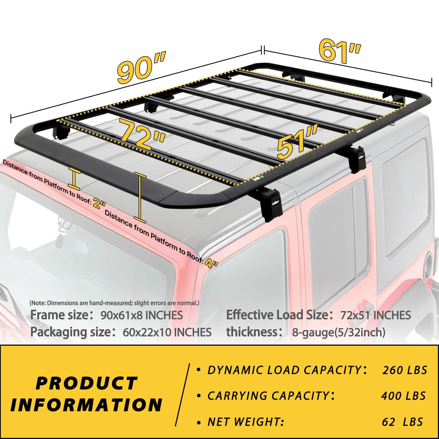 CALLIERT Aluminum Full-Length Roof Rack Cargo Basket for 07-18 JK 4 Door