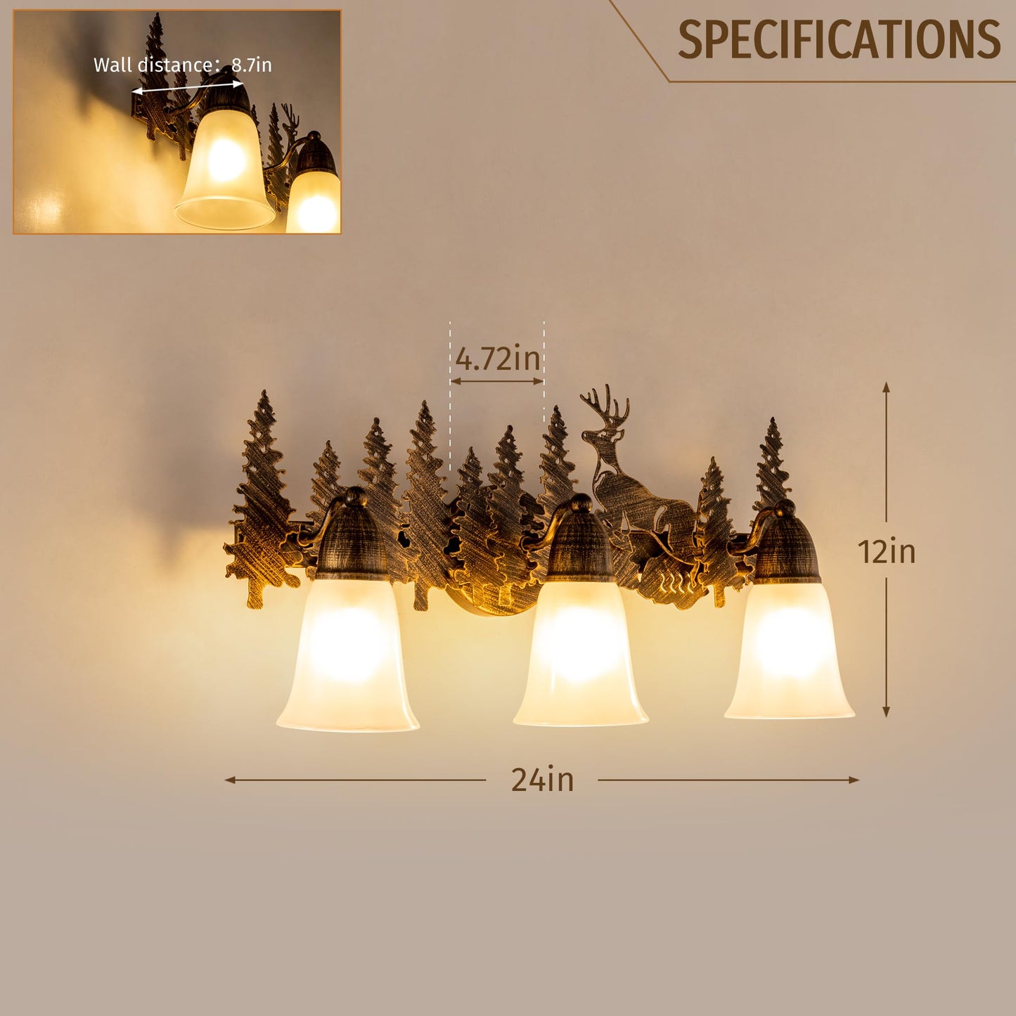 TOCHIC Rustic Bathroom Vanity Light Over Mirror, 3 Lights Farmhouse Bathroom Light Fixtures, Western Moose Sconces Bath Vanity Wall Lighting for Mirror Cabinets, Powder Room, Living Room, 24" L