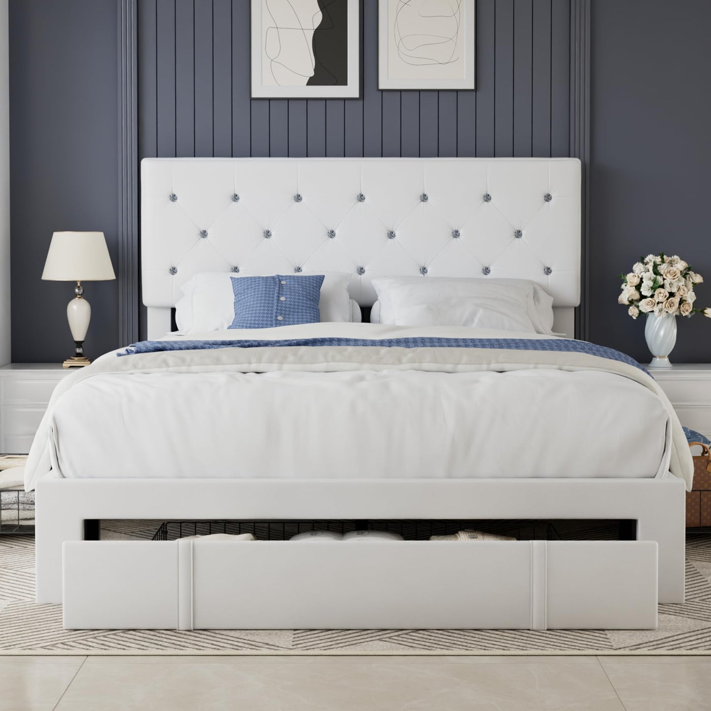 VECELO Full Size Bed Frame with 3 Storage Drawers, Leather Upholstered with Diamond Tufted Headboard, Solid Wood Slat Support & Steel Framework, PU & White