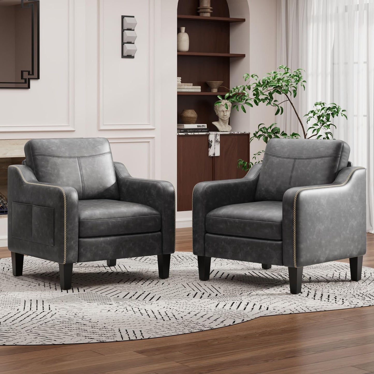 MALOL PU Leather Accent Chair Set of 2, Mid-Century Modern Living Room Armchair Sofa with Removable Cushions, Solid Wood Frame & Stitched Armrest Design, Bedroom Chair with Plastic Legs, Black