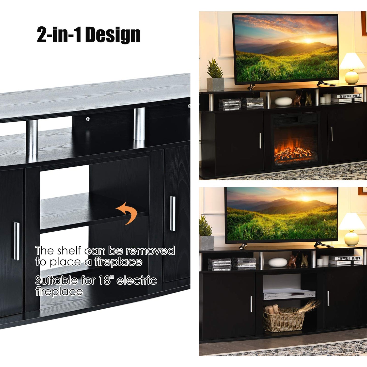 Tangkula Modern TV Stand for TVs up to 70 Inches, Living Room Console Table w/2 Cabinets & Open Shelves, Media Entertainment Center for 18 Inches Electric Fireplace (Not Included) (Black)