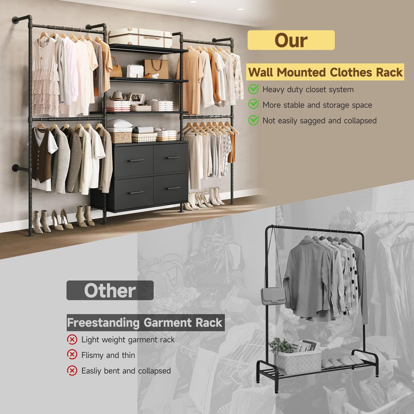 T3 Closet System with Stepless Dimmable LED Light, Industrial Pipe Clothing Rack with 4 Drawers, 6 Wooden Shelves & 4 Telescopic Rods, Heavy Duty Closet Organizers in Wardrobe Closet (Black)