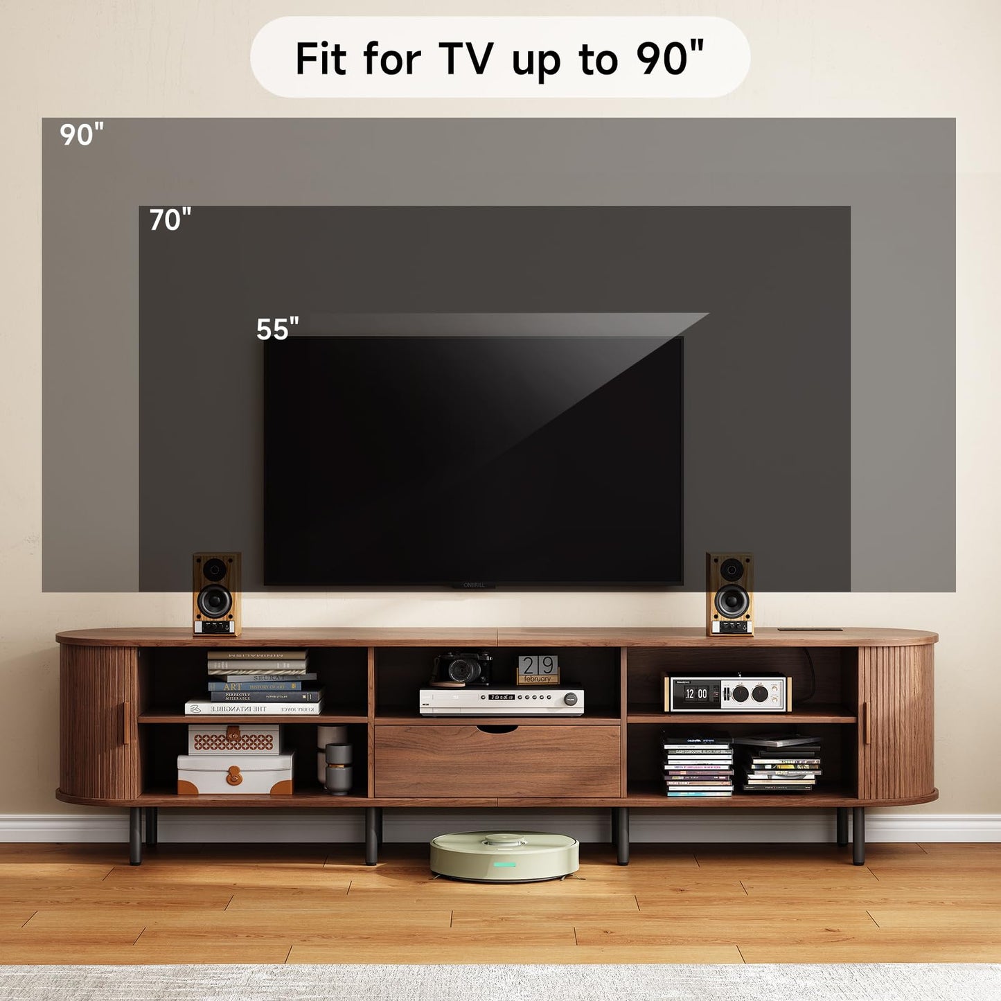 ONBRILL 86.6" TV Stand with Power Outlet for TVs up to 90", Entertainment Center with Storage and Drawer, TV Console with Adjustable Shelves and Sliding Door, TV Stand for Living Room, Bedroom, Walnut